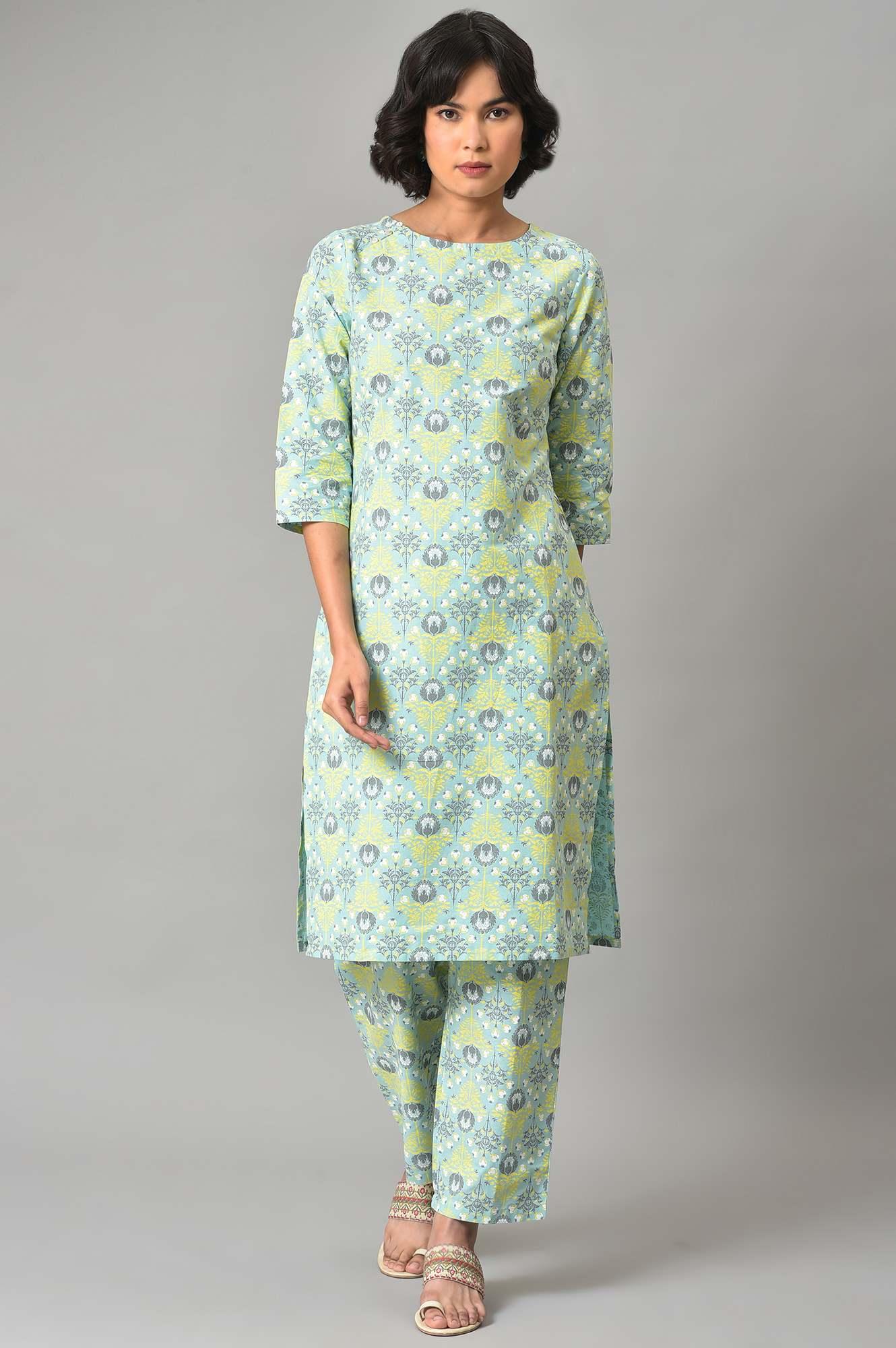 Light Green Printed kurta And Pants Co-Ord Set - Image 8