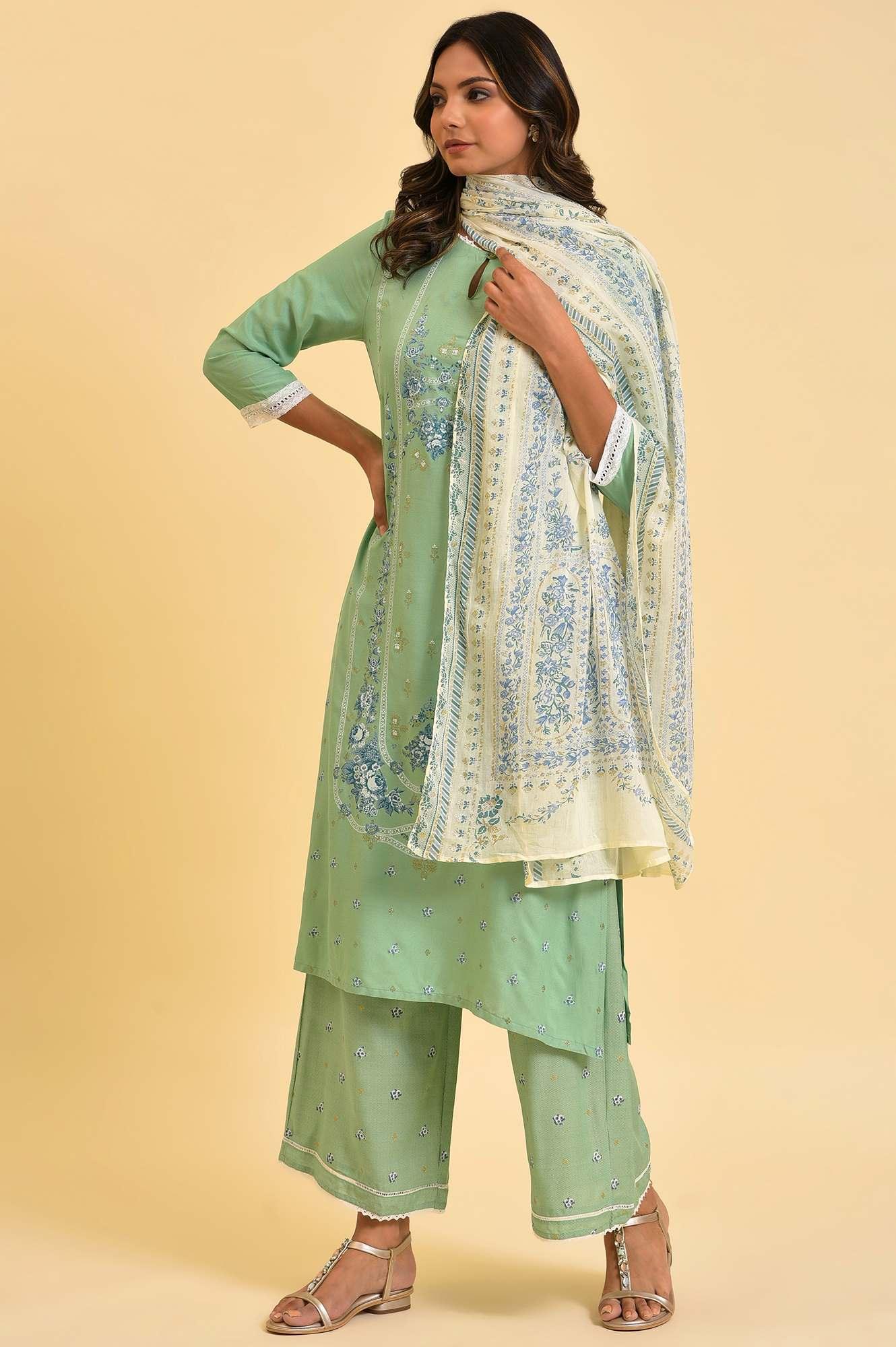 Light Green Printed kurta, Parallel Pants & Dupatta Set - Image 3