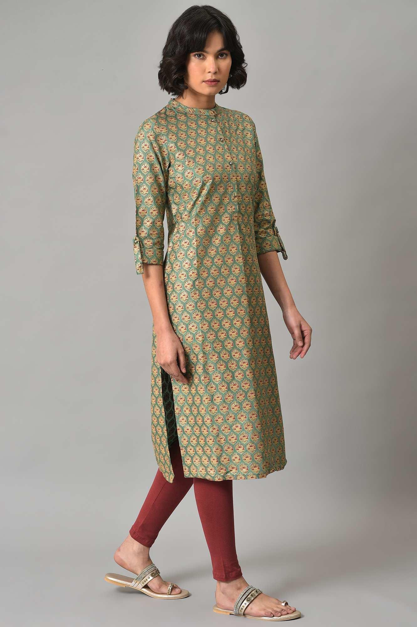 Light Green Shirt kurta With Red Tights - Image 4