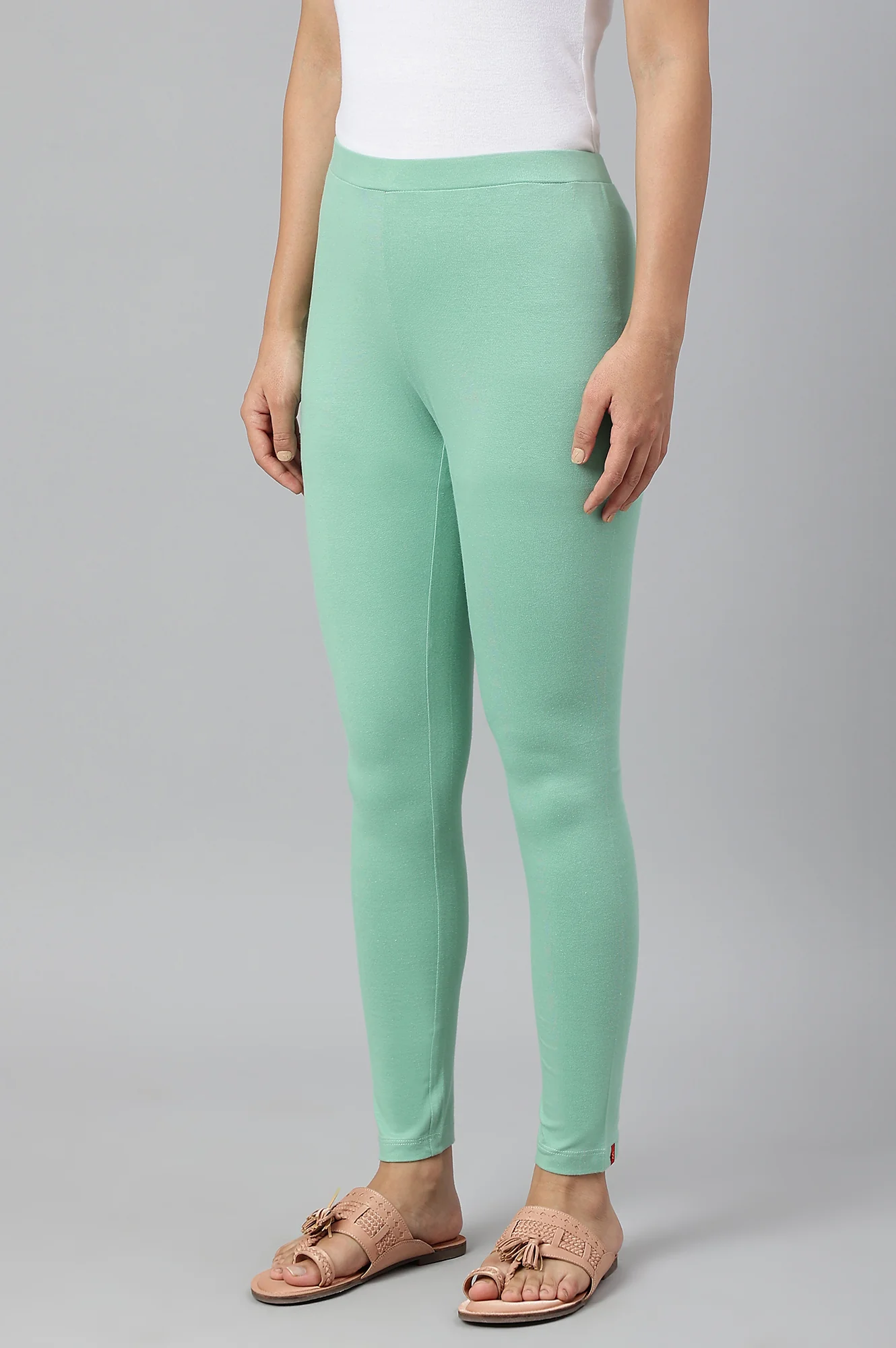 Light Green Solid Knitted Women Tights - Image 2