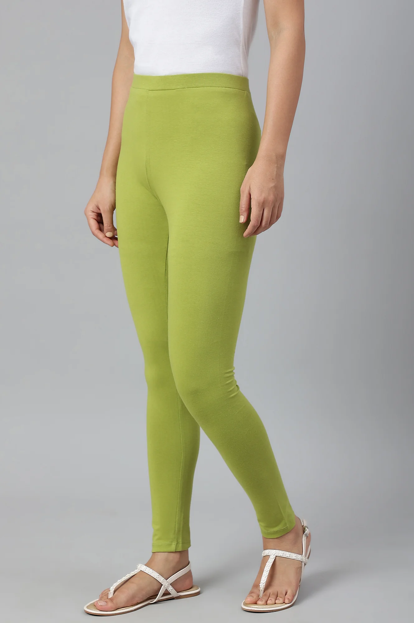 Light Green Solid Knitted Women Tights - Image 2
