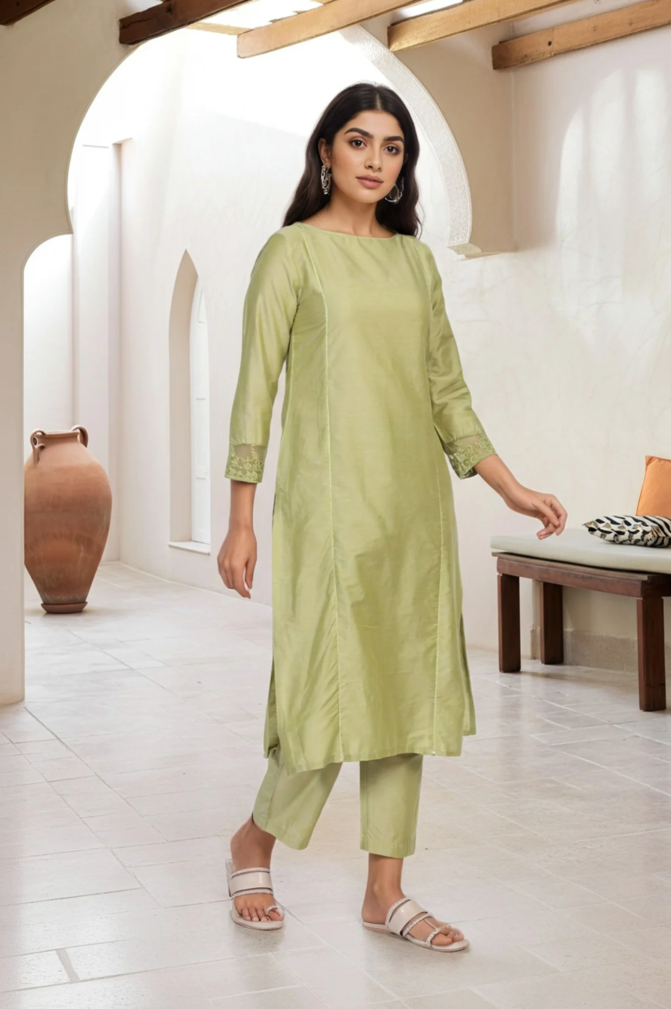 Light Green Solid Lace Trim Straight Kurta with Straight Pant and Dupatta Set - Image 4
