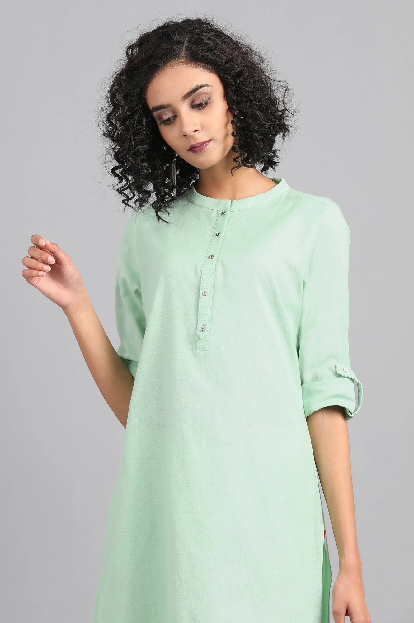 Light Green Solid Straight Cotton Kurta - Image 6