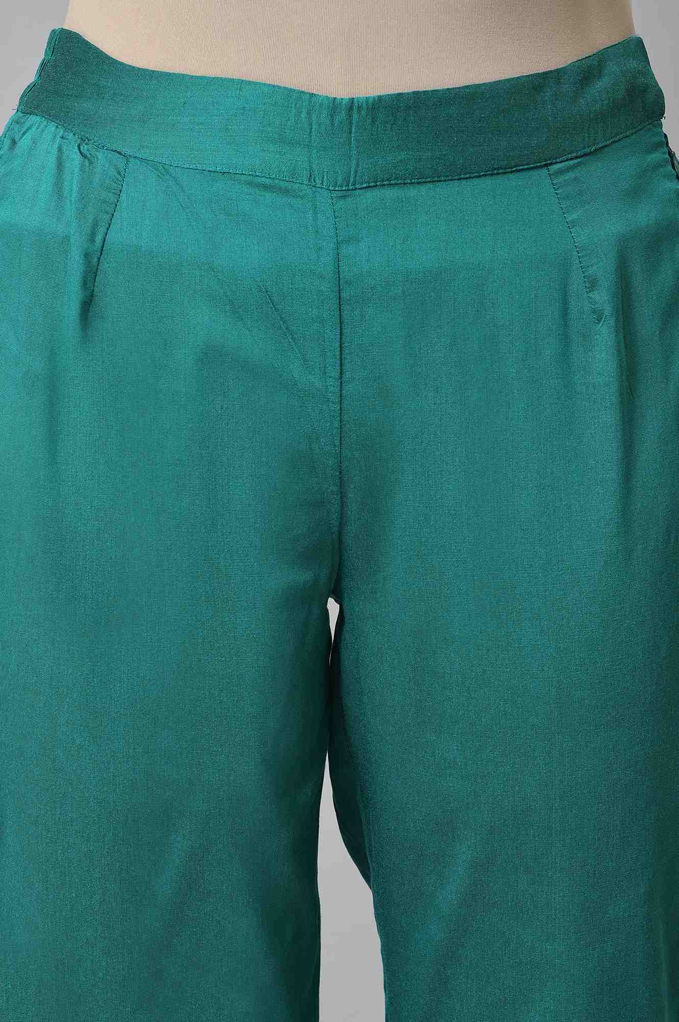 Light Green Solid Thread Embroidered Pure Cotton A-Line Kurta and Slim Pant Set - Image 5