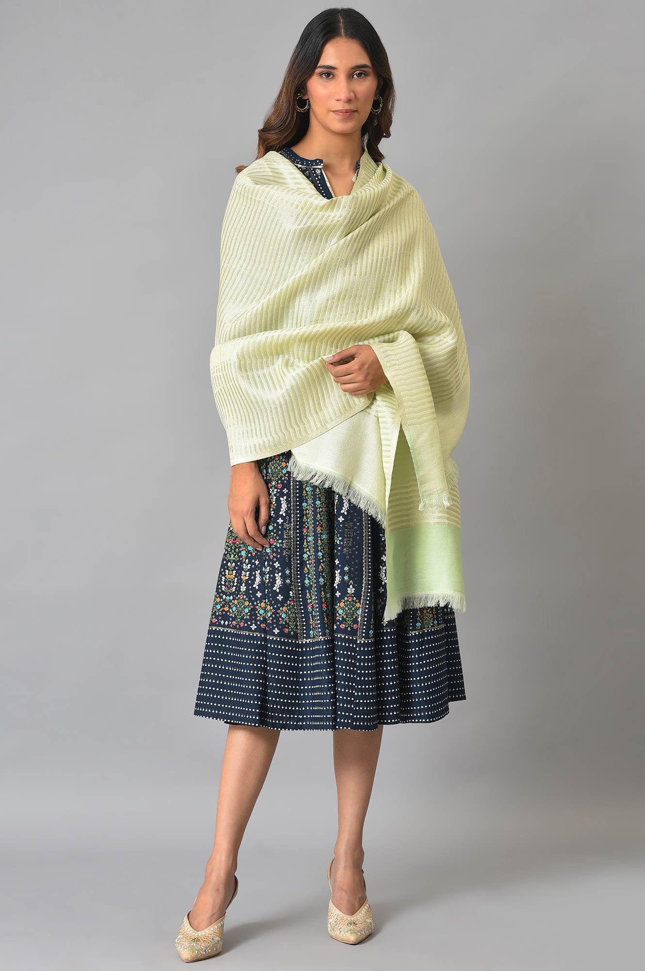 Light Green Stripe Lurex Shawl - Image 3