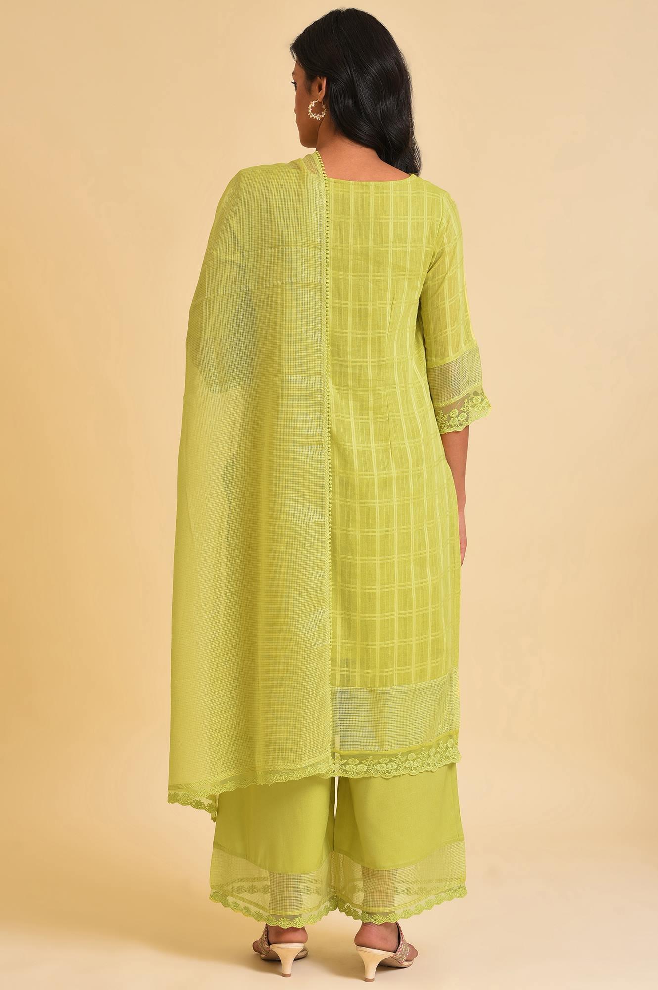 Light Green Textured Cotton Embroidered kurta, Parallel Pants & Dupatta Set - Image 2