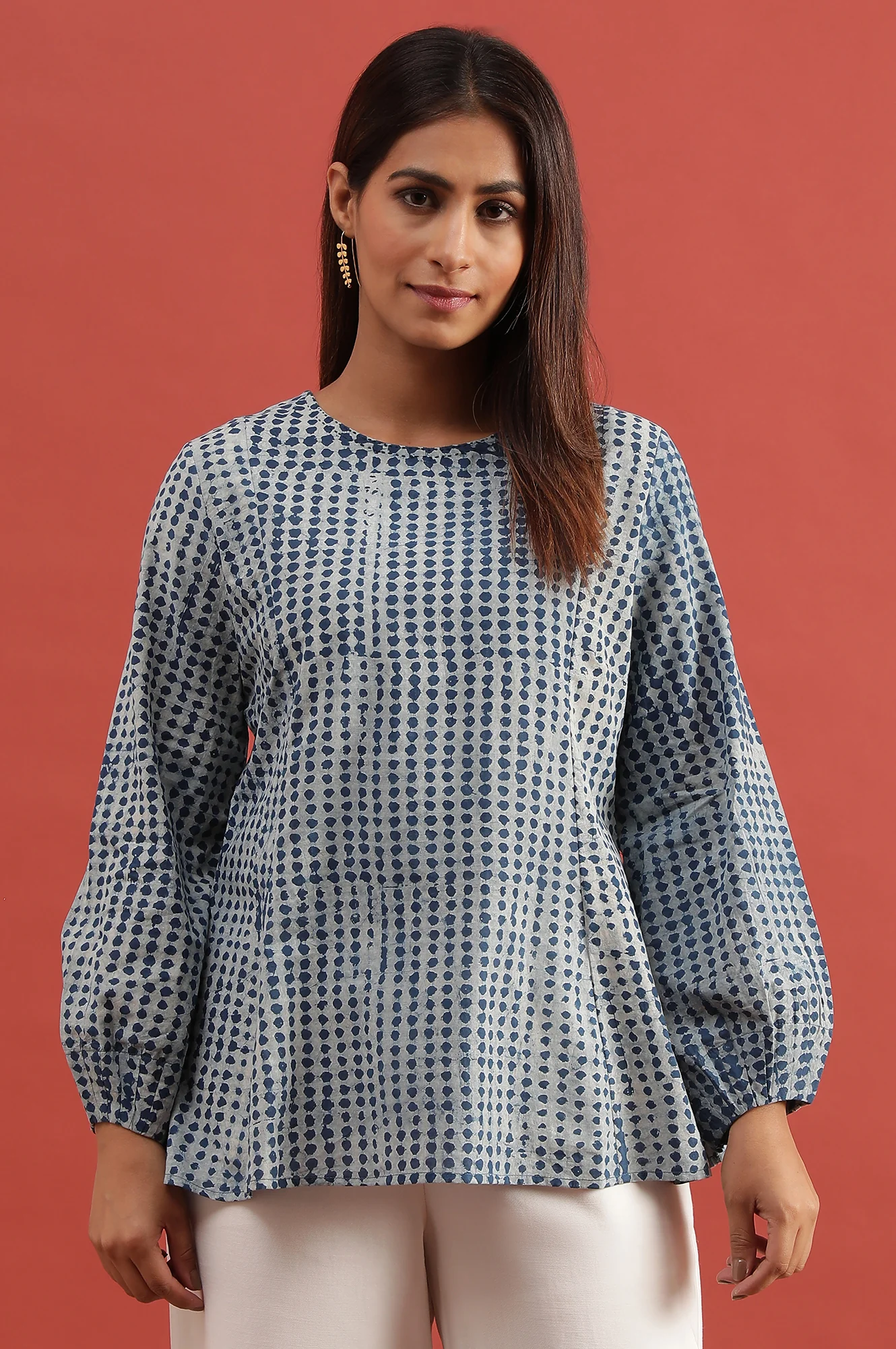 Light Grey And Indigo Dabu Printed Top - Image 2