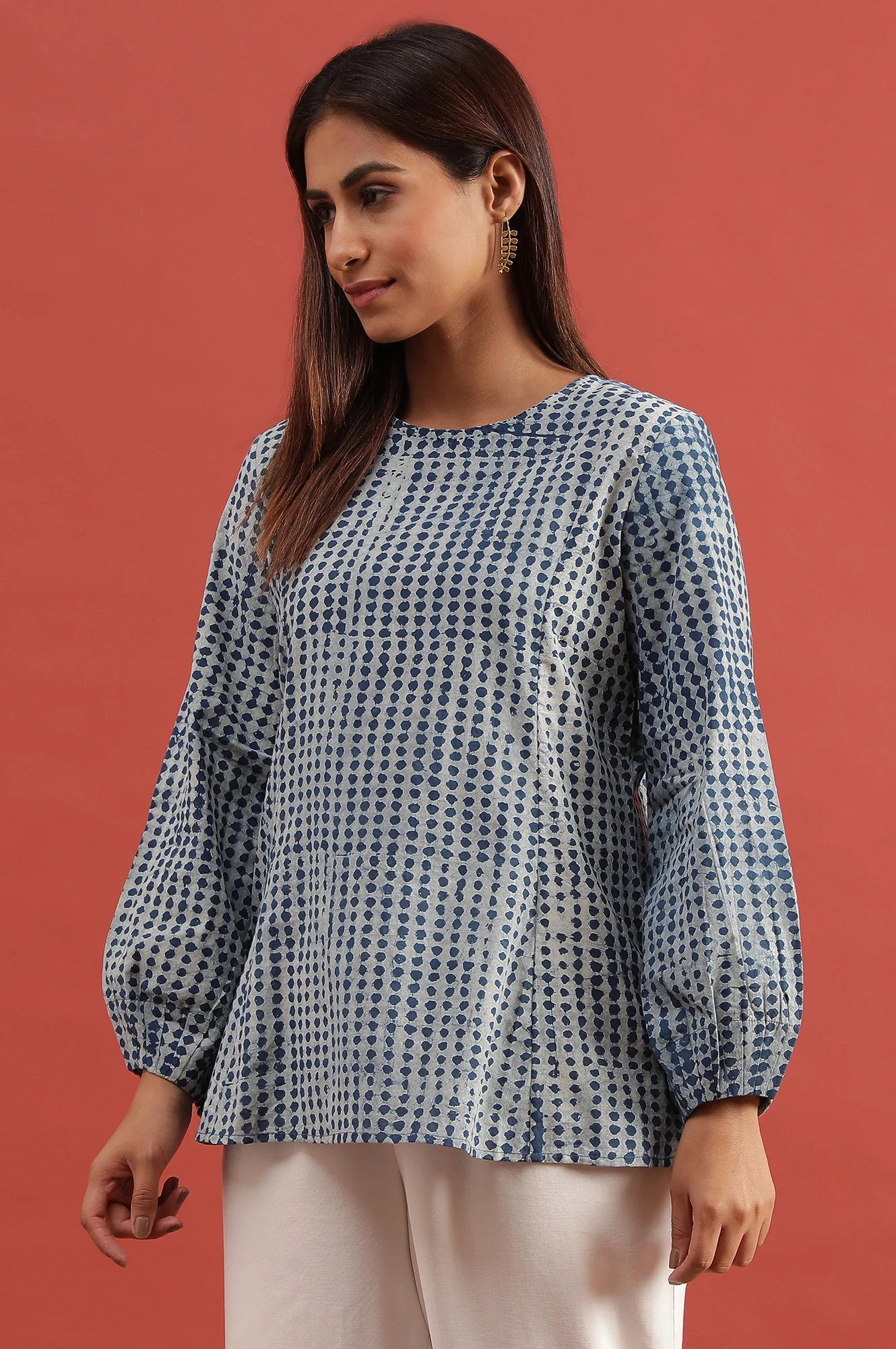 Light Grey And Indigo Dabu Printed Top - Image 3