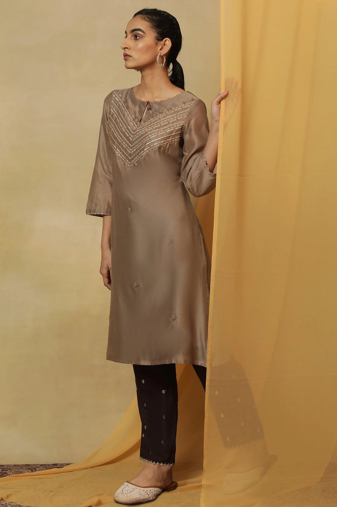 Light Grey Bead Embroidery Cotton Silk Kurta
