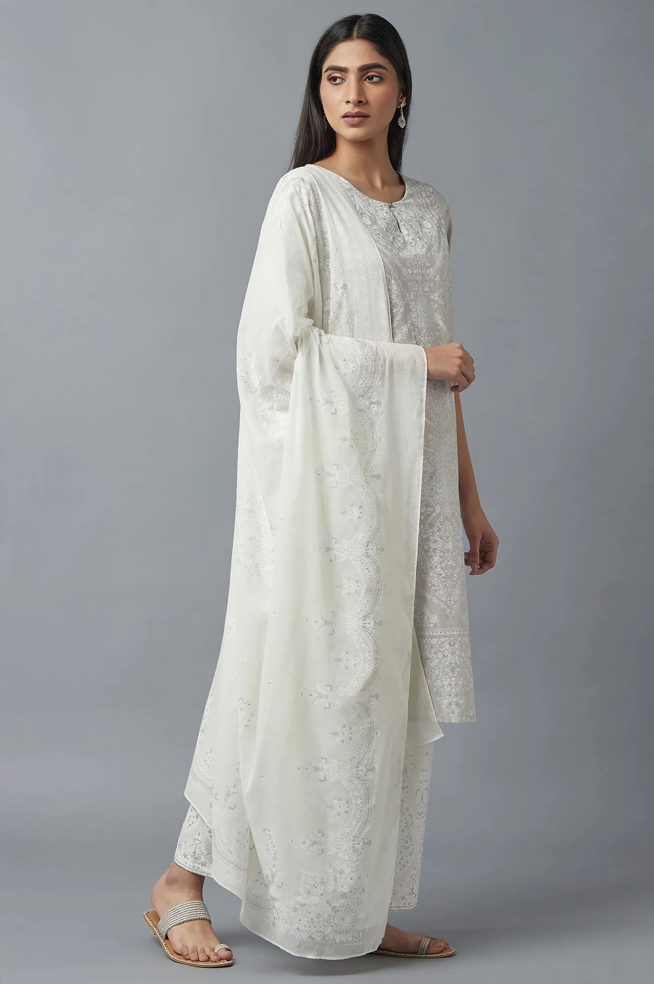 Light Grey Embroidered kurta with Parallel Pants and Dupatta - Image 4