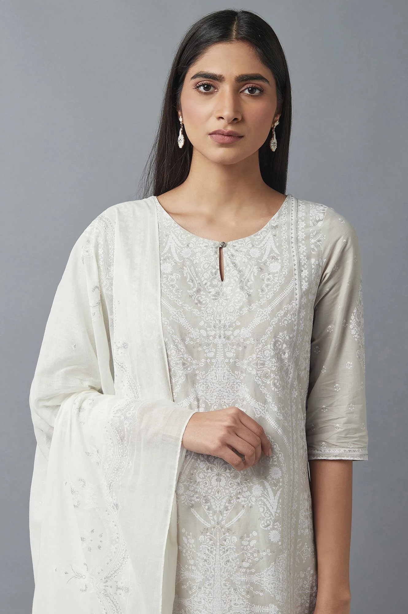 Light Grey Embroidered kurta with Parallel Pants and Dupatta - Image 5