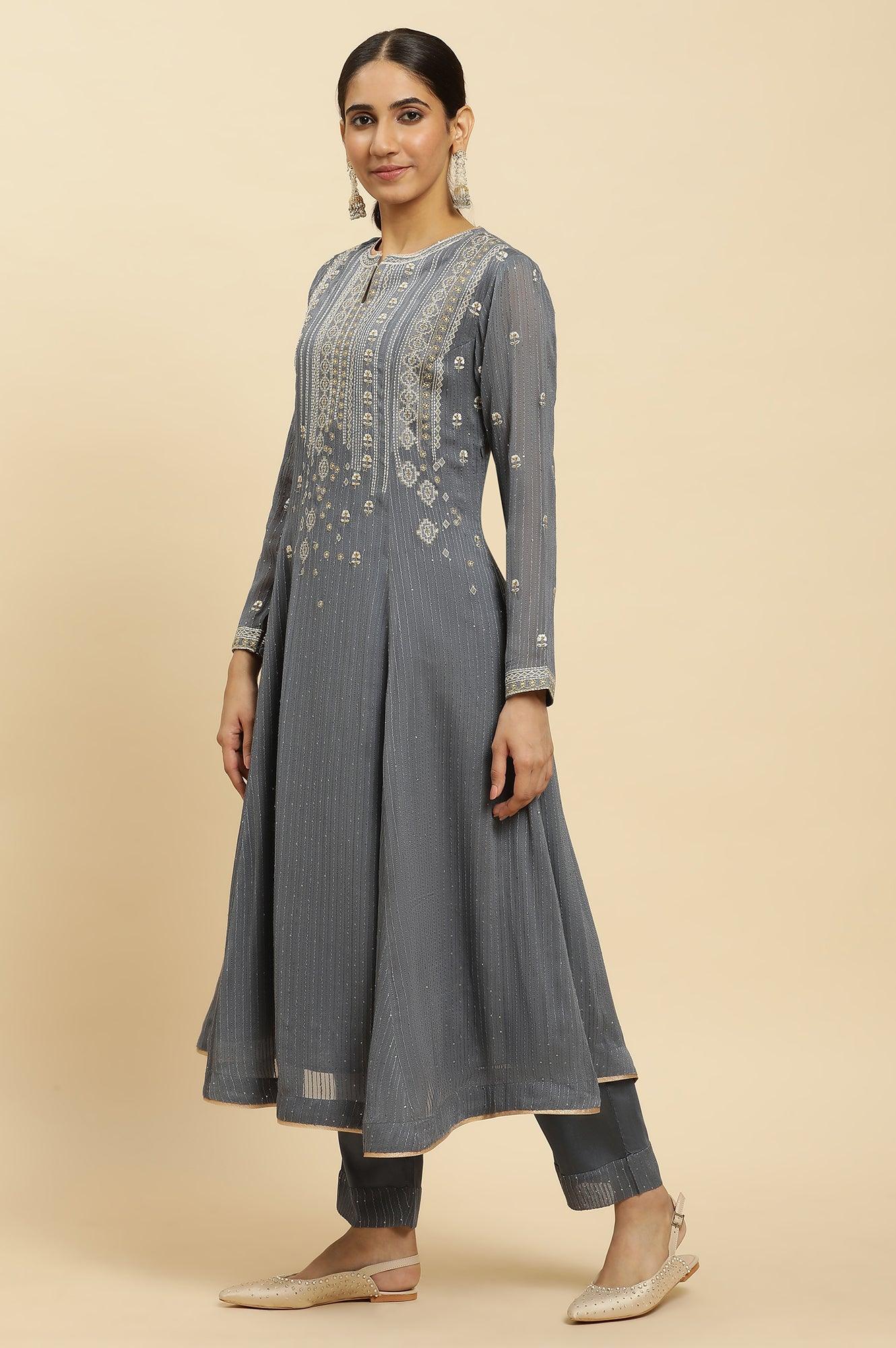 Light Grey Heavy Embroidered Anarkali Kurta, Pants And Dupatta Set - Image 3
