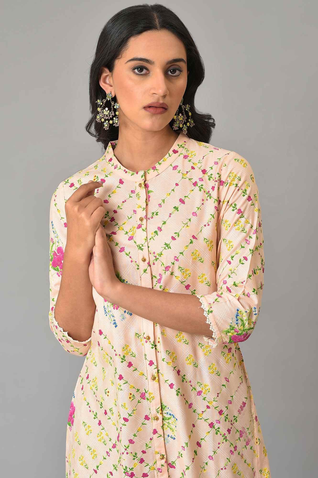 Light Orange A-Line Floral Printed Plus Size kurta - Image 5