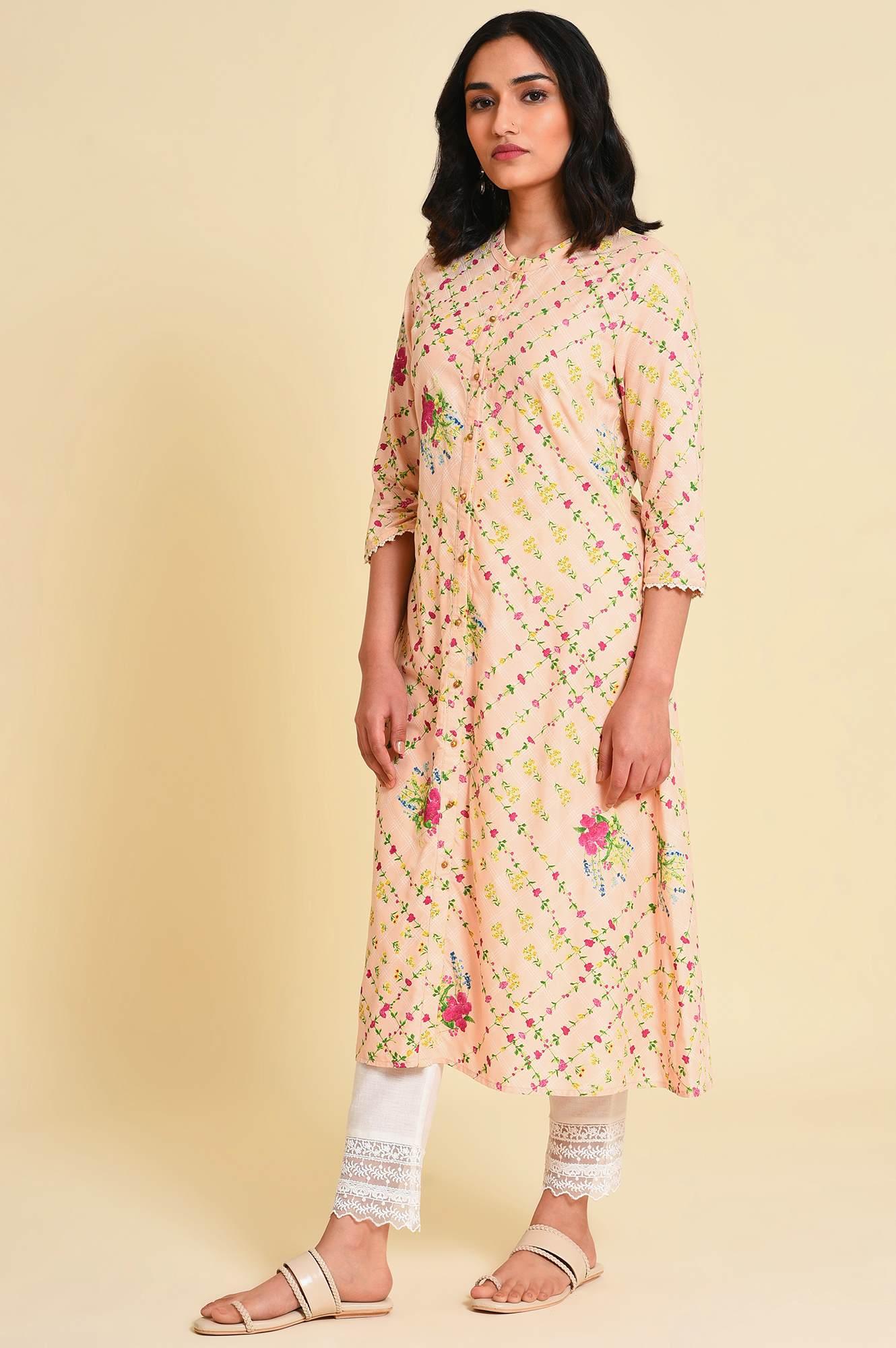 Light Orange Floral Print kurta Set - Image 3