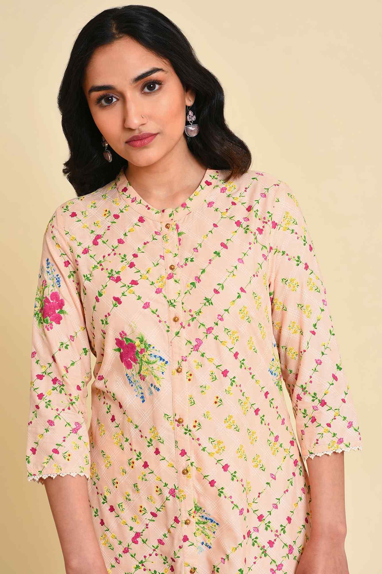 Light Orange Floral Print kurta Set - Image 5