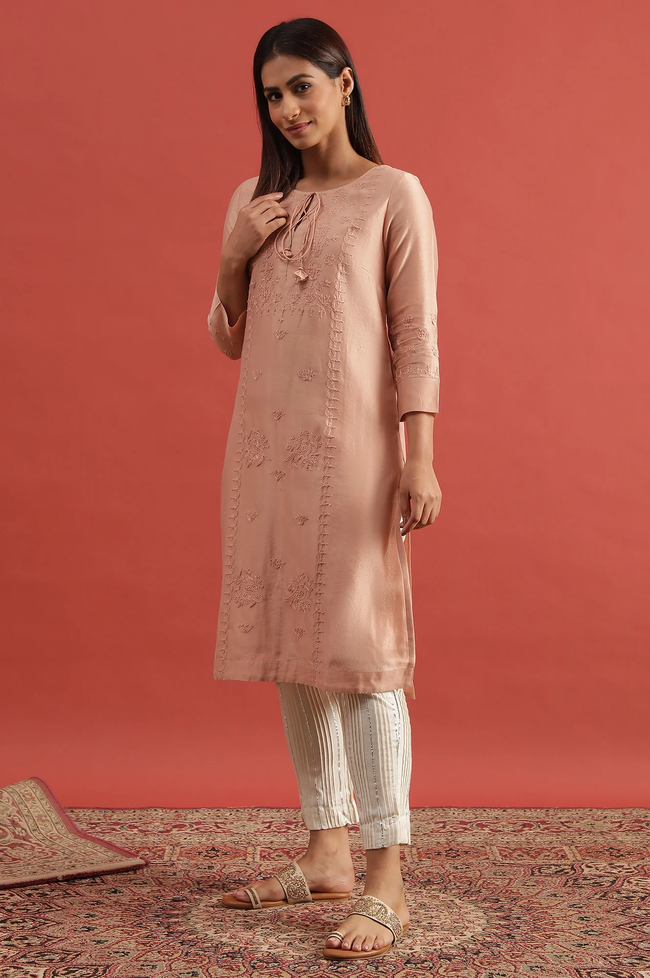 Light Pink Chikankari Kurta In Cotton Silk - Image 2
