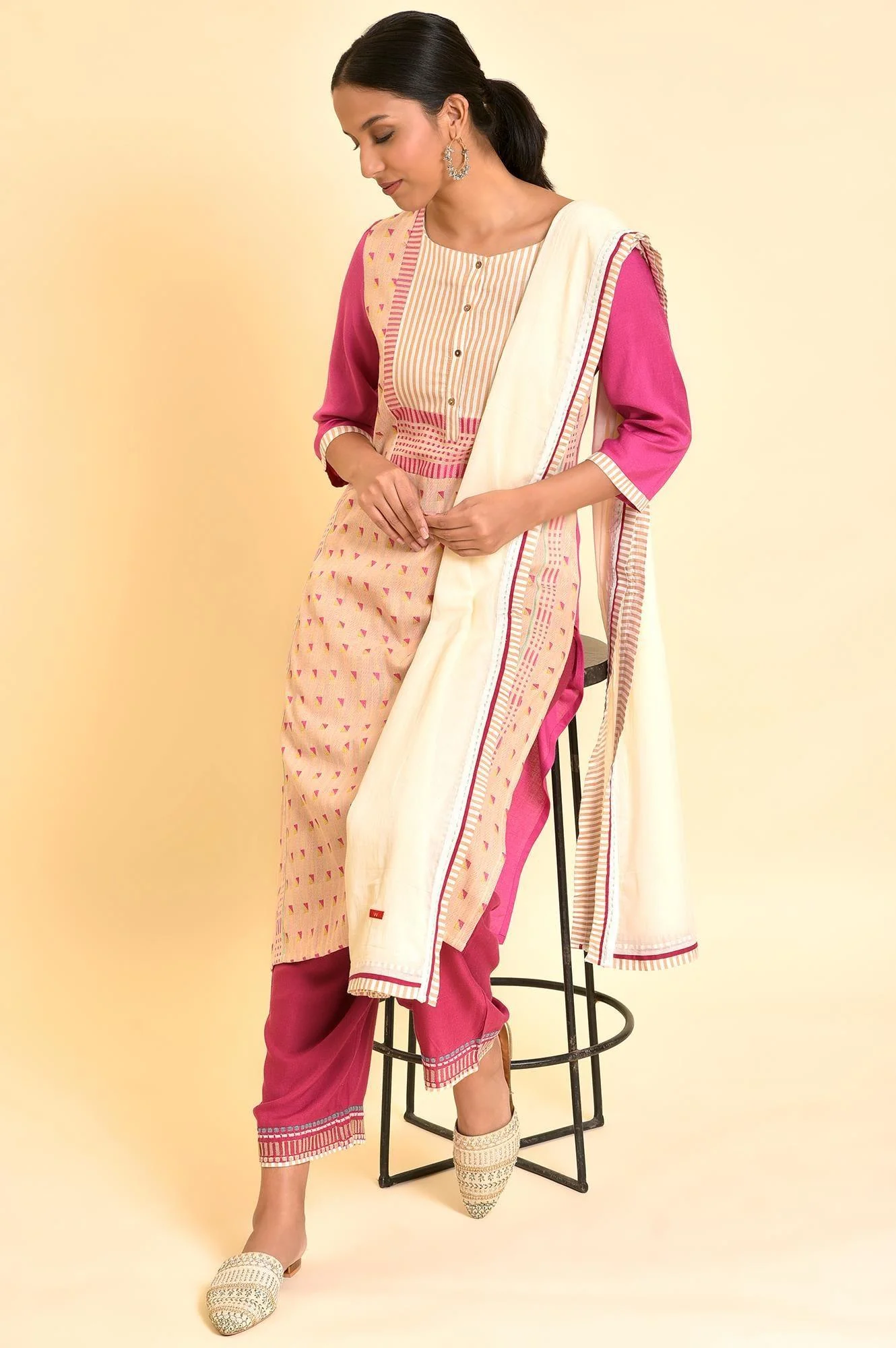 Light Pink Dobby Kurta, Pants And Dupatta Set