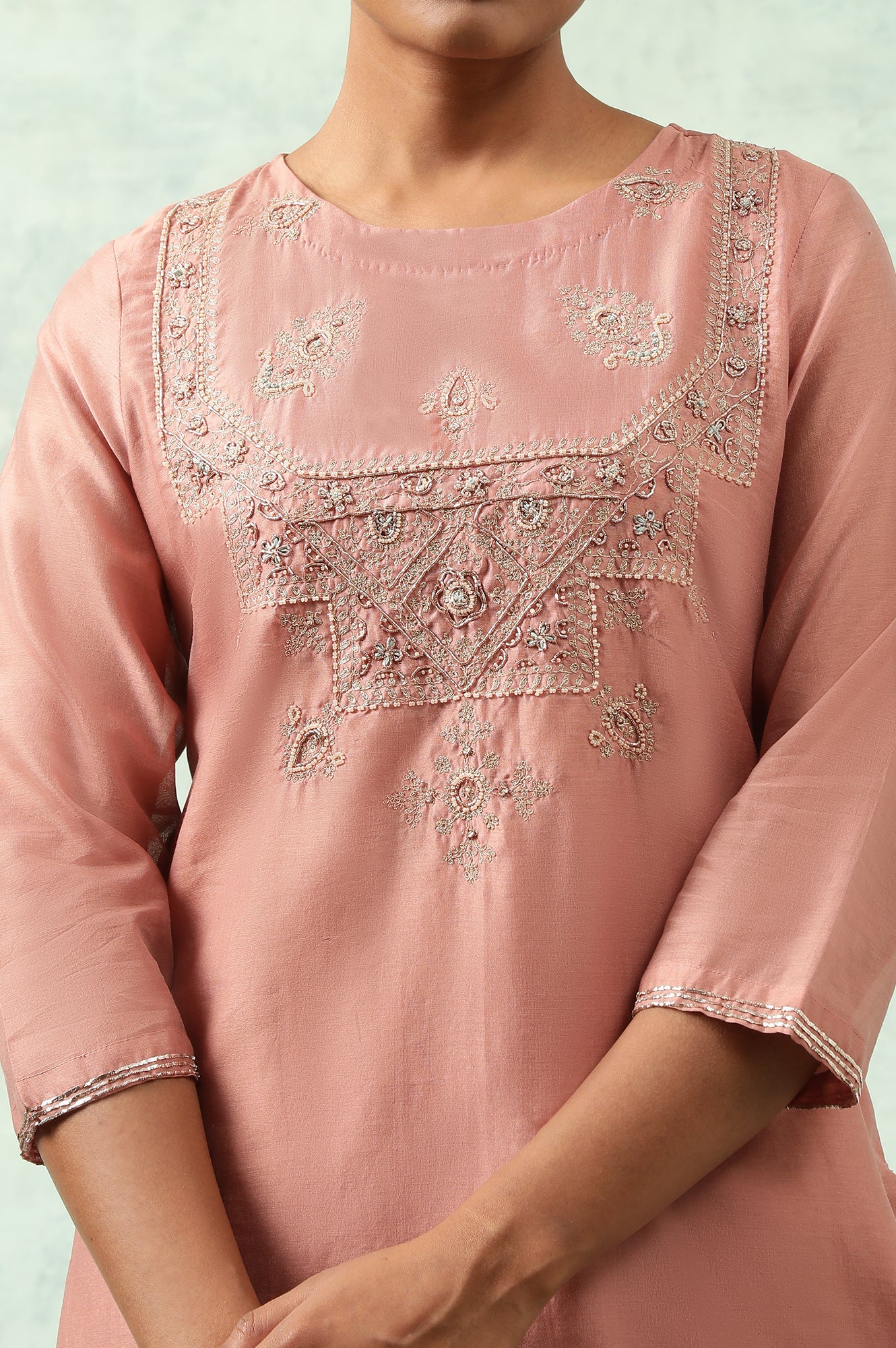 Light Pink Embroidered Cotton Silk kurta - Image 6