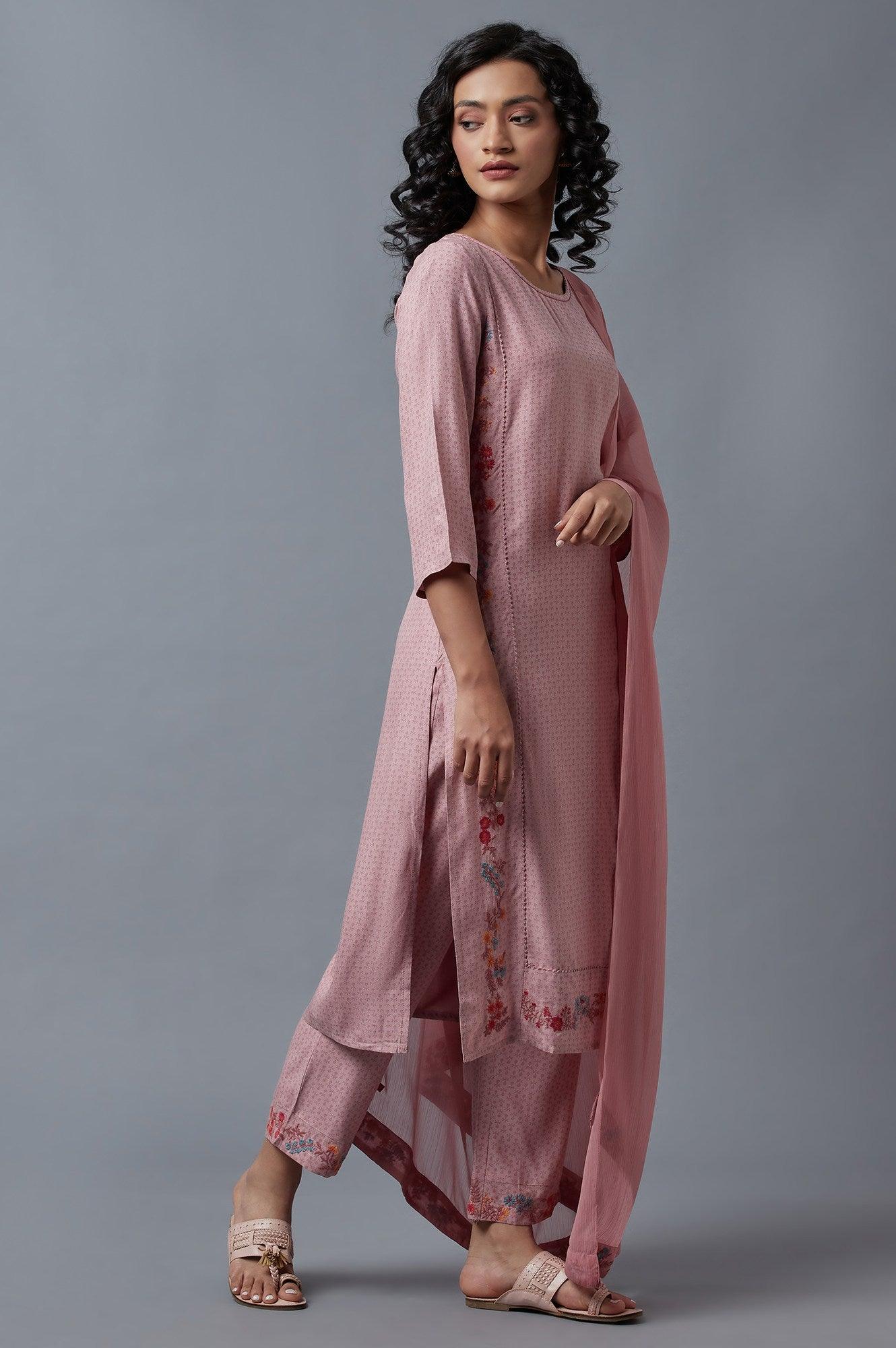 Light Pink Embroidered kurta In Round Neck With Straight Pants And Chiffon Dupatta - Image 4