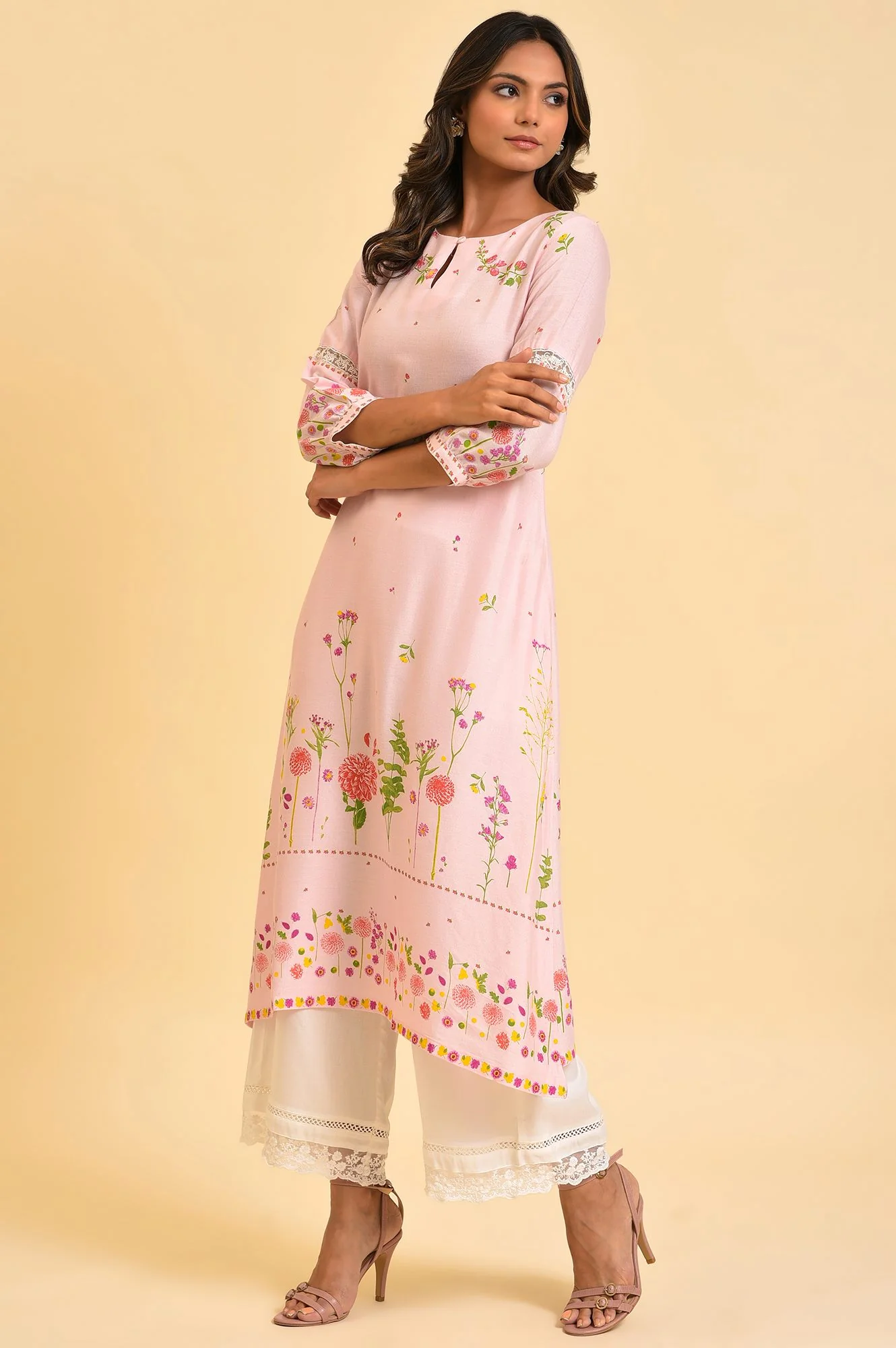 Light Pink Floral Printed Summer Kurta - Image 3