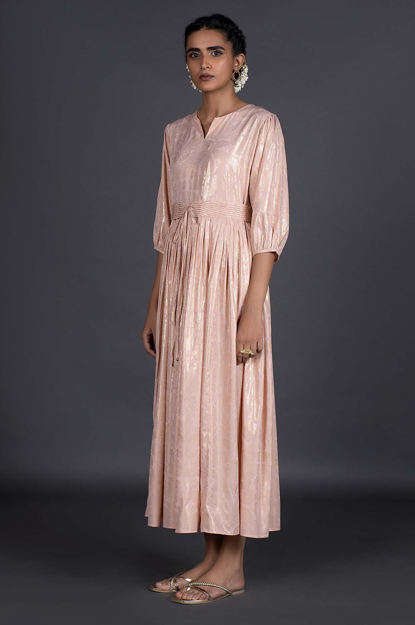 Light Pink Foil Printed Pleated Dress With Belt - Image 3