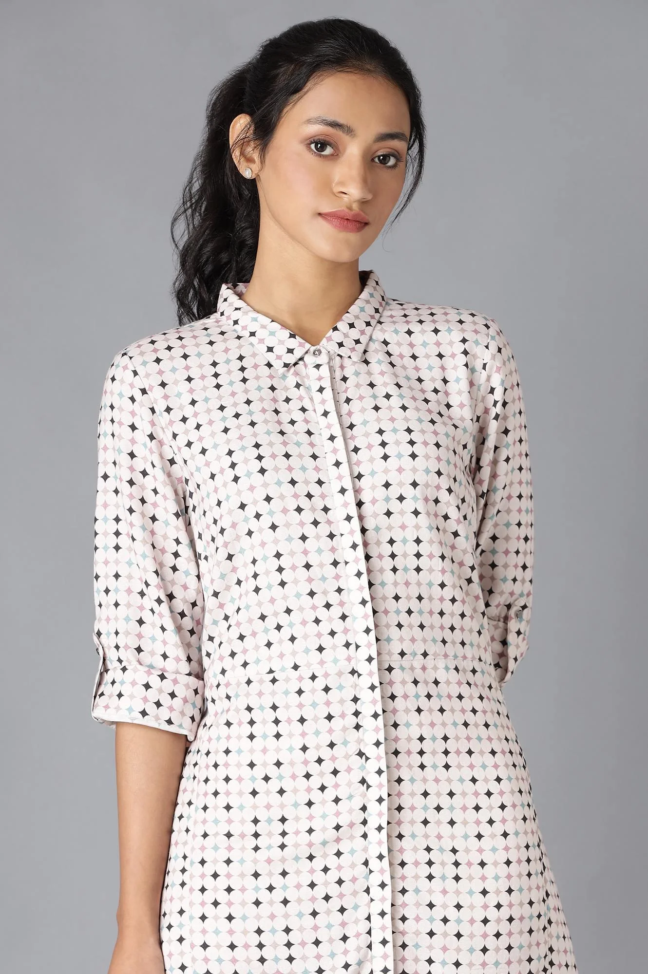 Light Pink Geometric Print Shirt Dress - Image 5