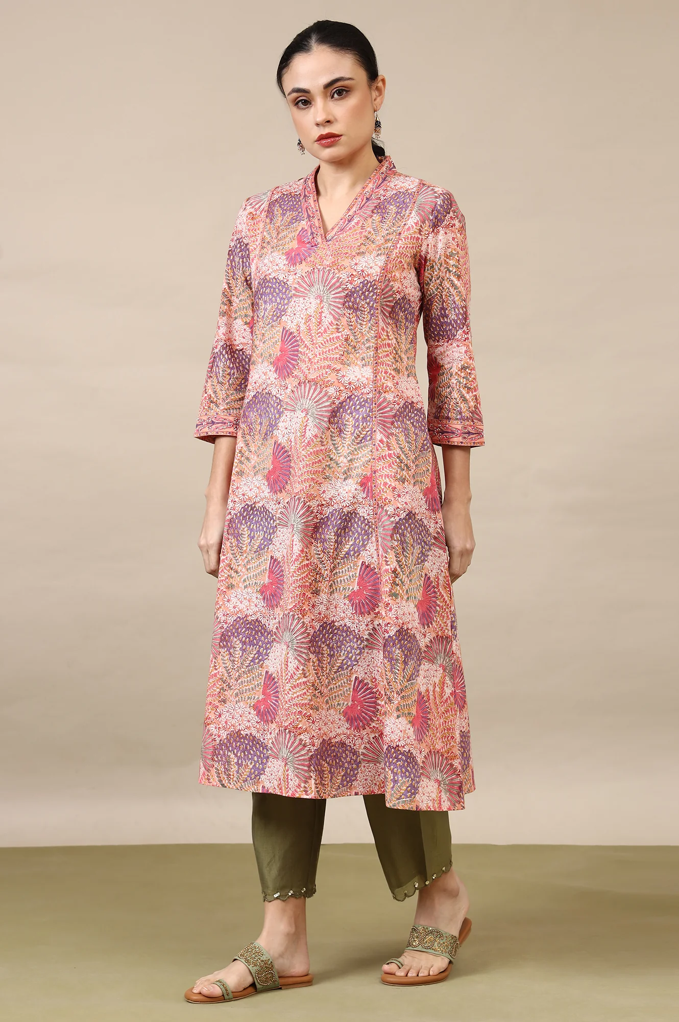 Light Pink Handblock Printed Flared Kurta - Image 5