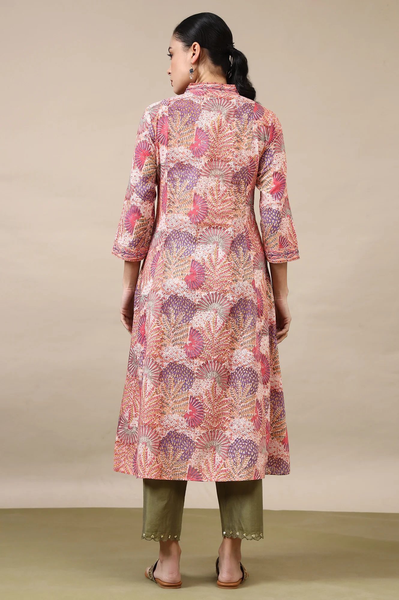 Light Pink Handblock Printed Flared Kurta - Image 6