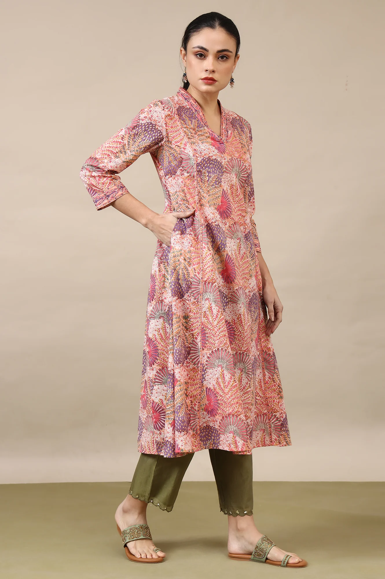 Light Pink Handblock Printed Flared Kurta - Image 8