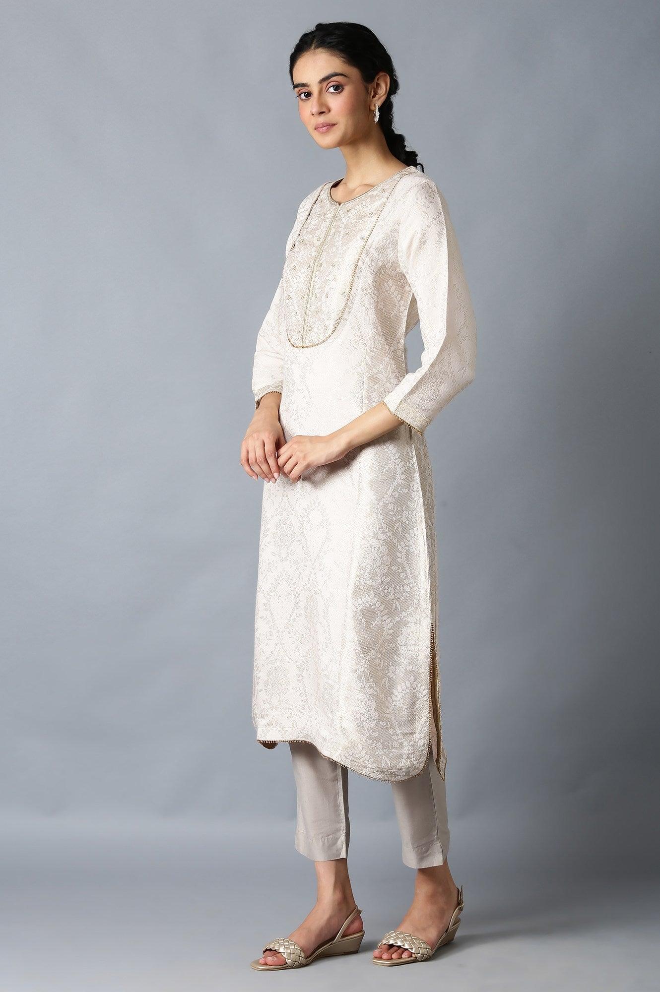 Light Pink Jacquard kurta In Round Neck - Image 3