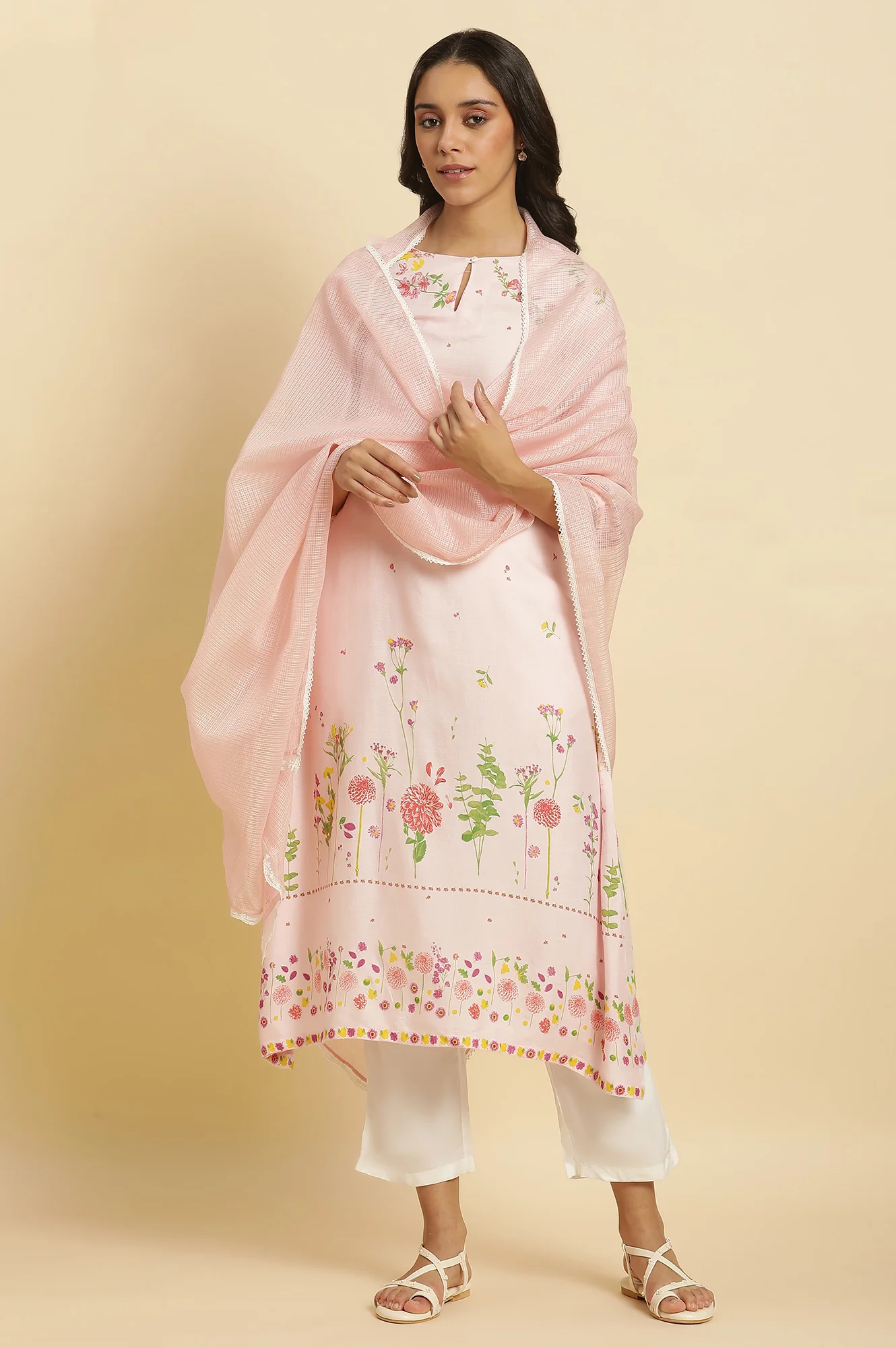 Light Pink Kota Dupatta With Lace - Image 3