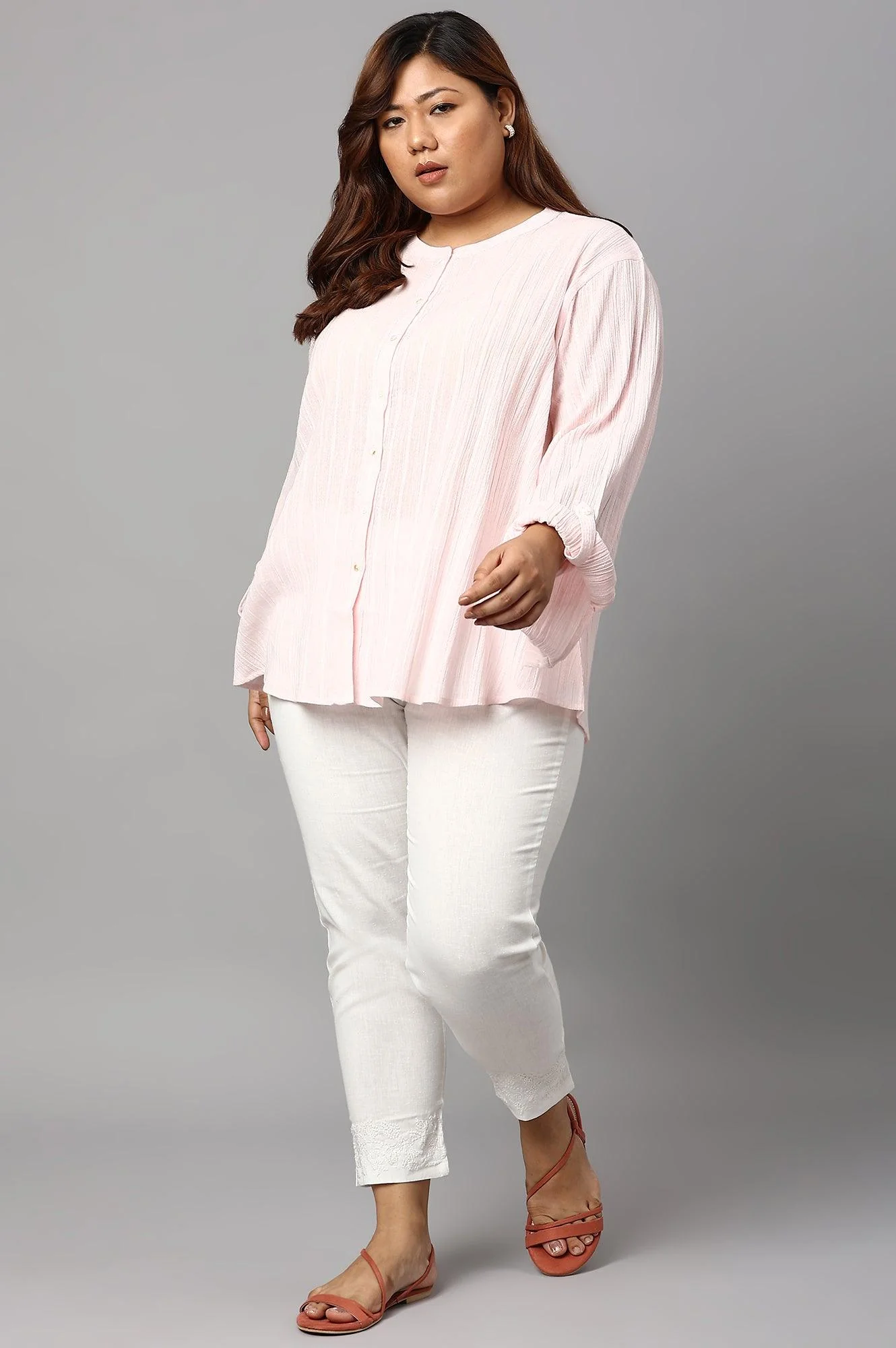 Light Pink Mandarin Collar Plus Size Top - Image 6