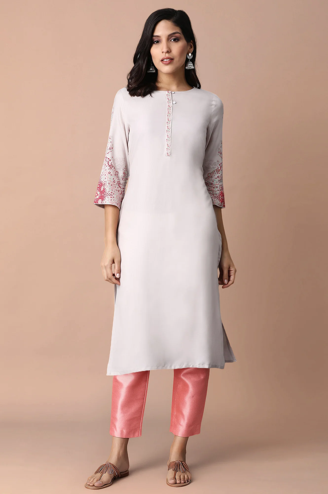 Light Pink Paisley Rayon Straight Kurta and Slim Pant Set