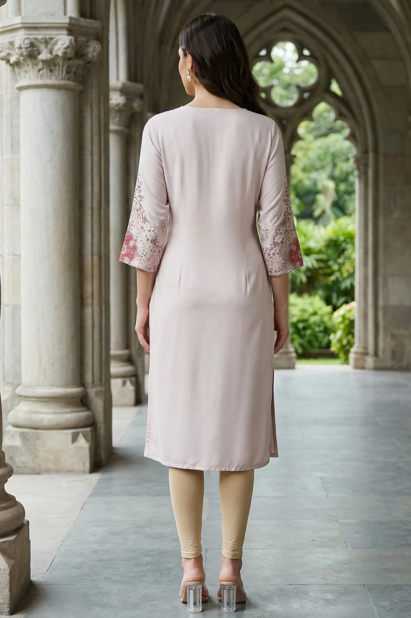 Light Pink Rayon Straight Kurta with Floral Printed Sleeves - Image 5