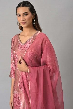 Light Pink Silk kurta With Pants And Dupatta - Image 5