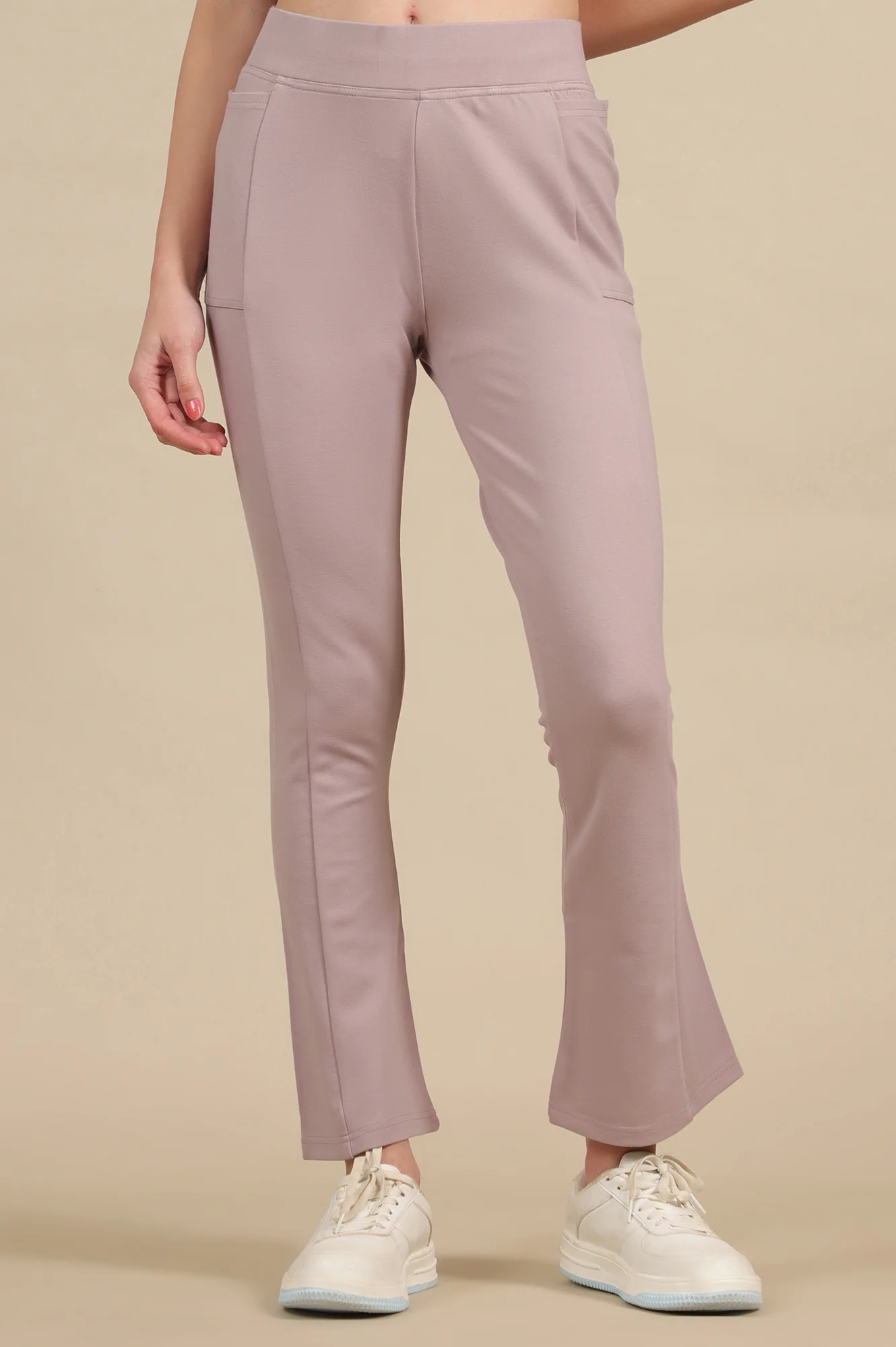 Creamy Mauve Solid Flared Knit Pants with Side Pockets