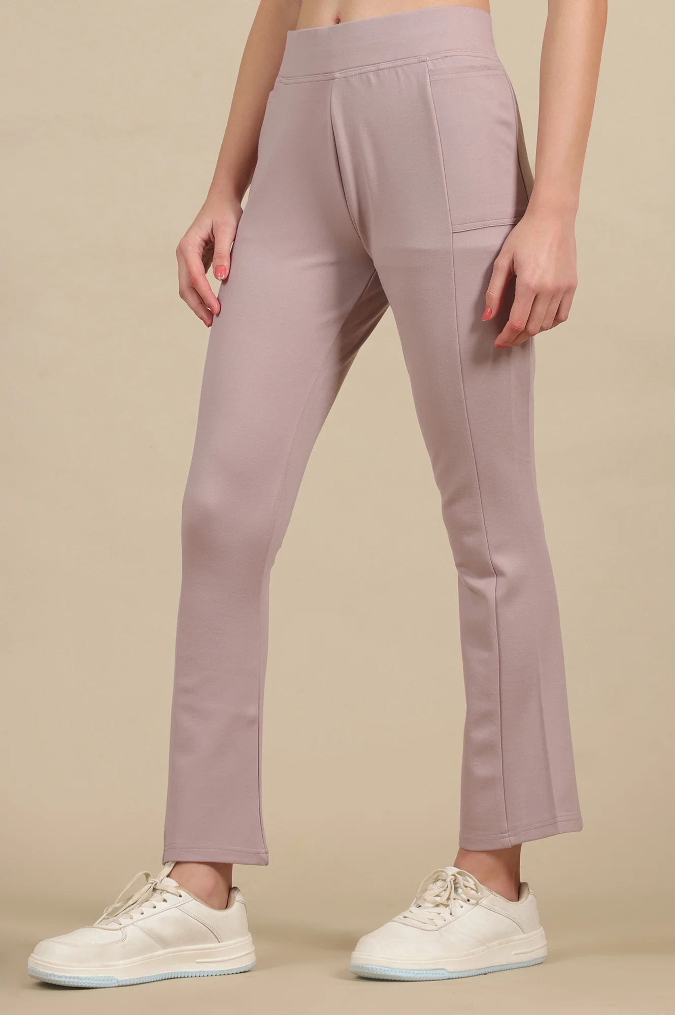 Creamy Mauve Solid Flared Knit Pants with Side Pockets - Image 2