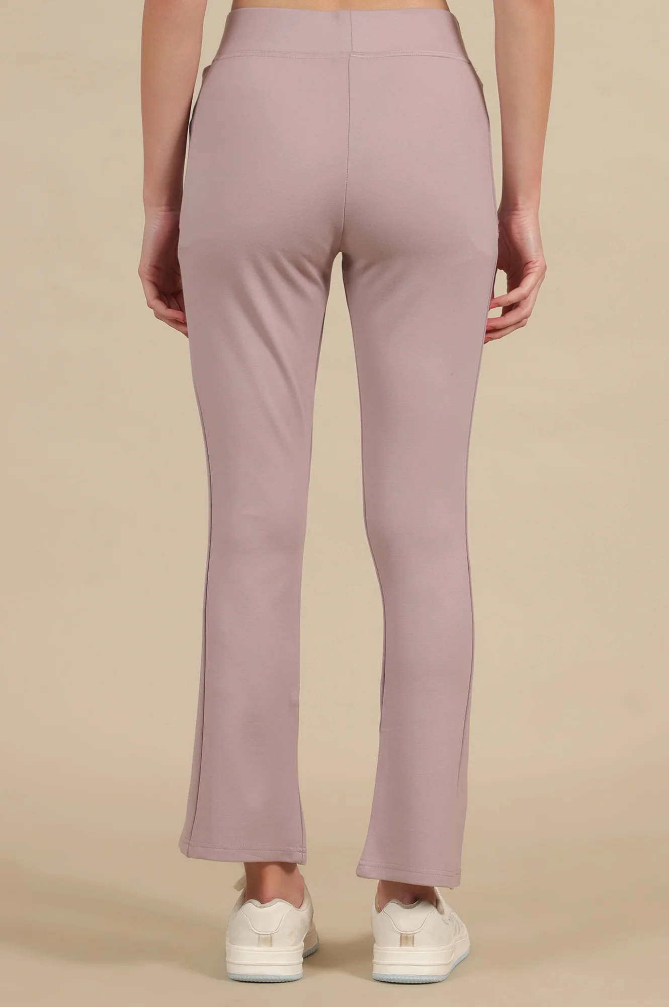 Creamy Mauve Solid Flared Knit Pants with Side Pockets - Image 3