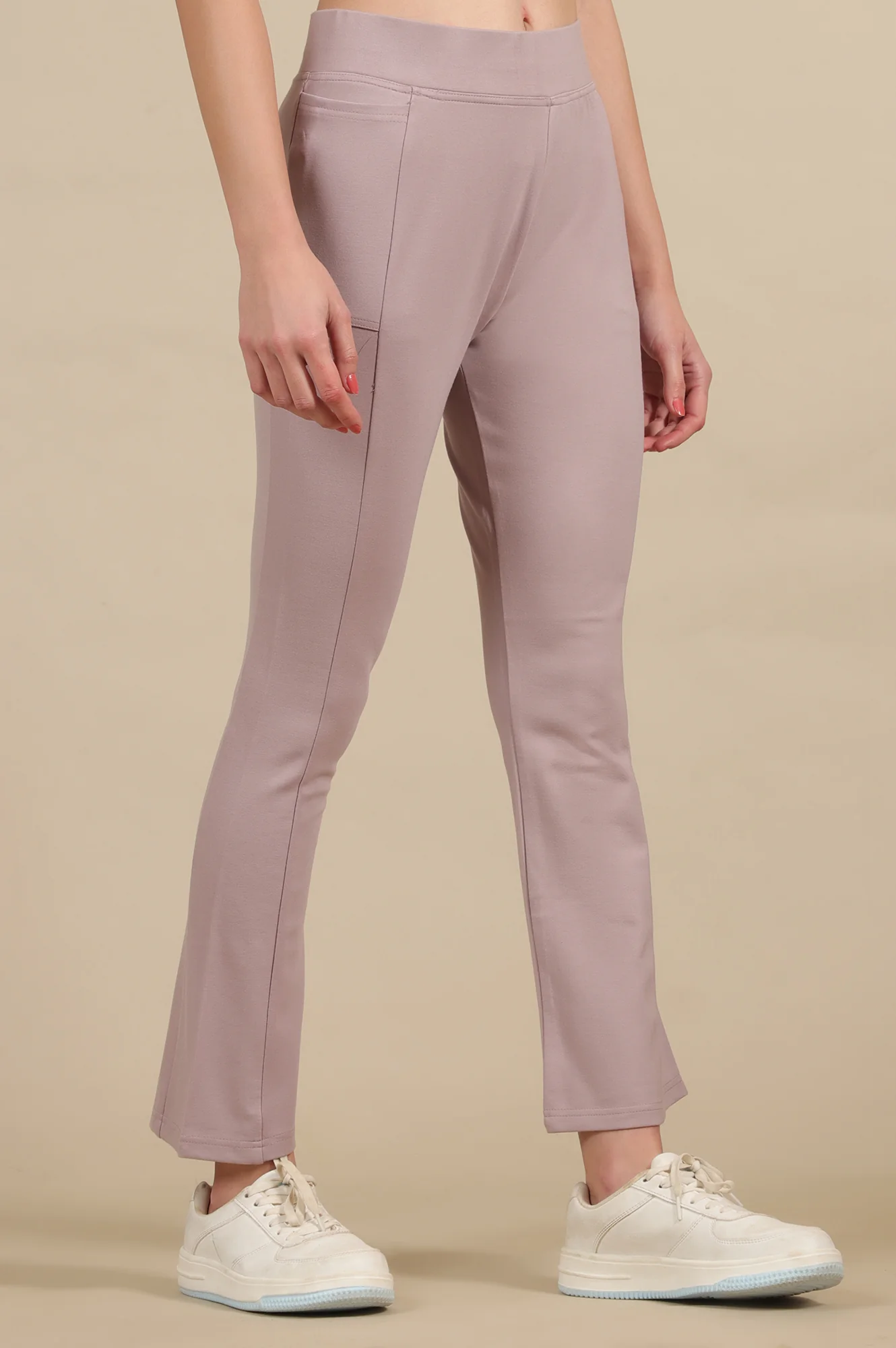 Creamy Mauve Solid Flared Knit Pants with Side Pockets - Image 4