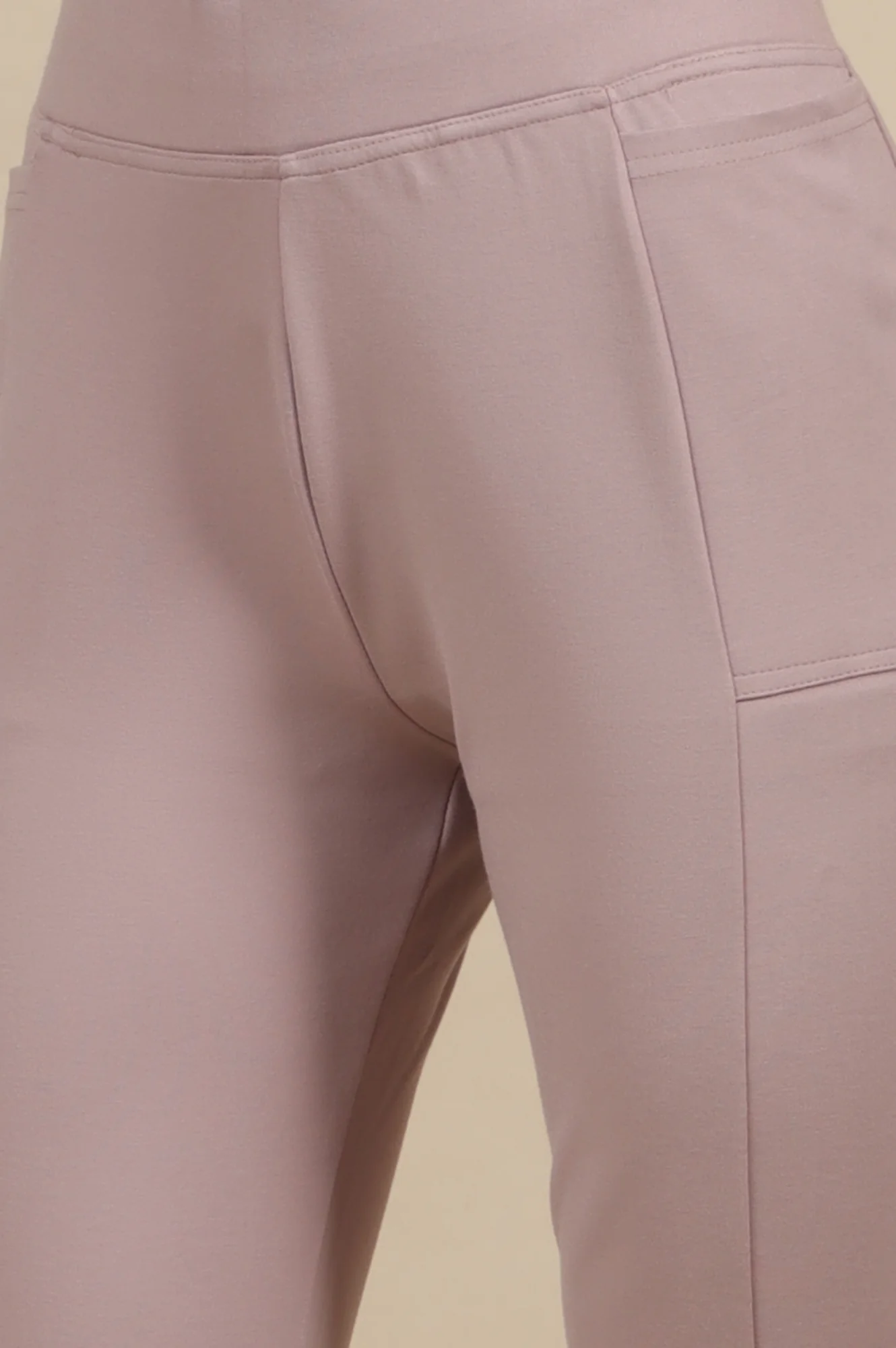 Creamy Mauve Solid Flared Knit Pants with Side Pockets - Image 7