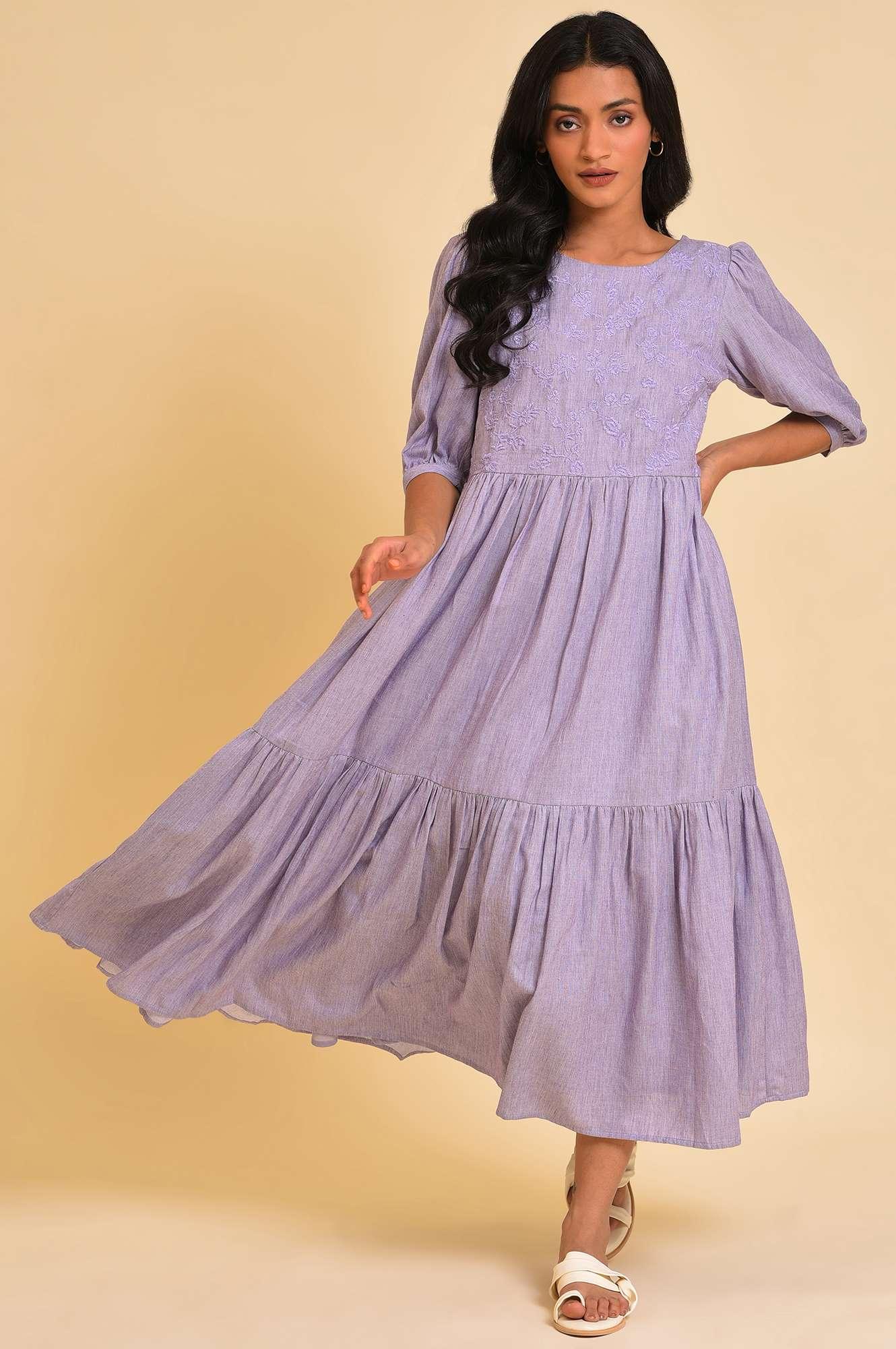 Light Purple Embroidered Tiered Chambray Dress - Image 6