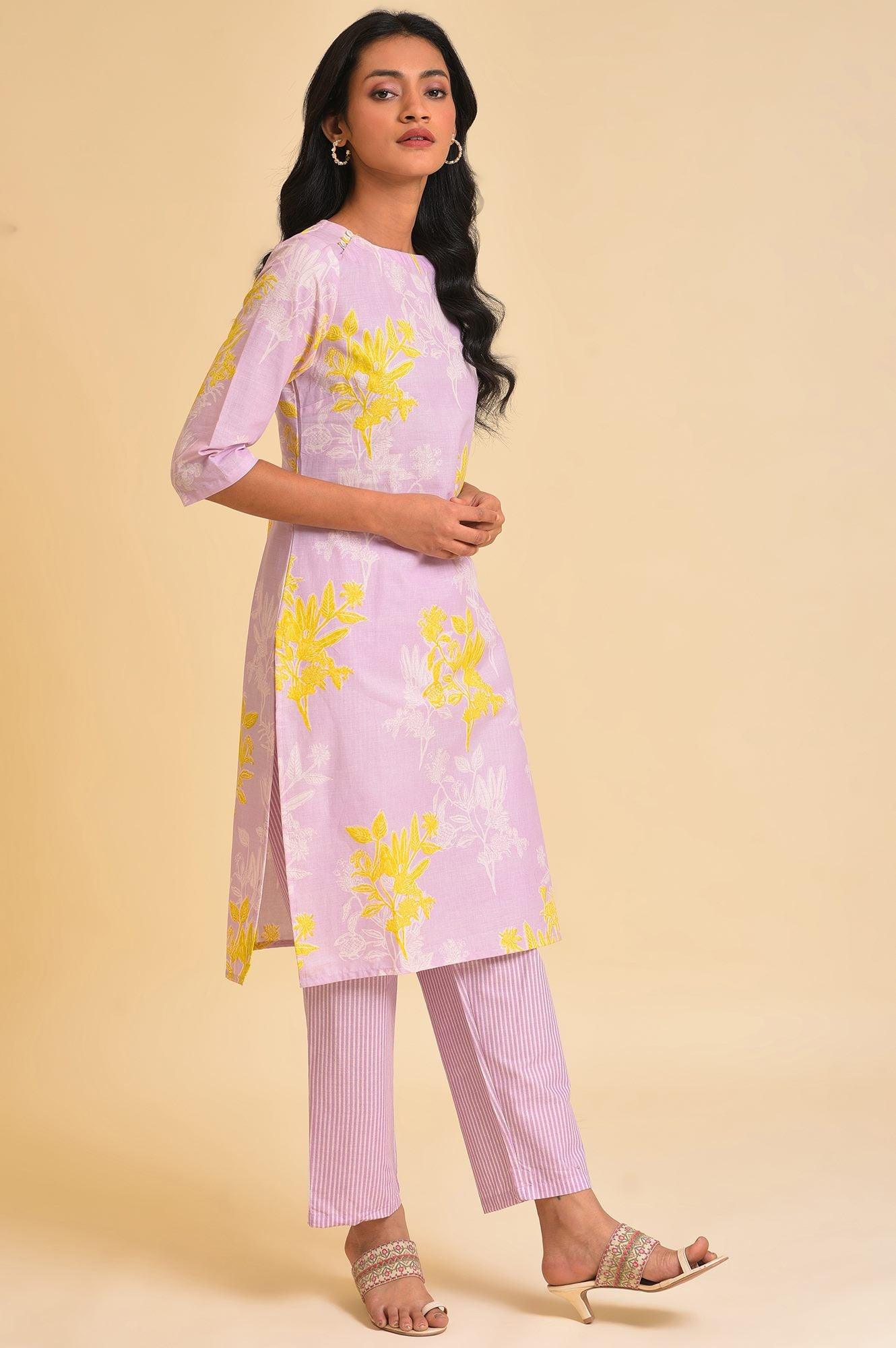 Light Purple Floral Print kurta & Pants Set - Image 4