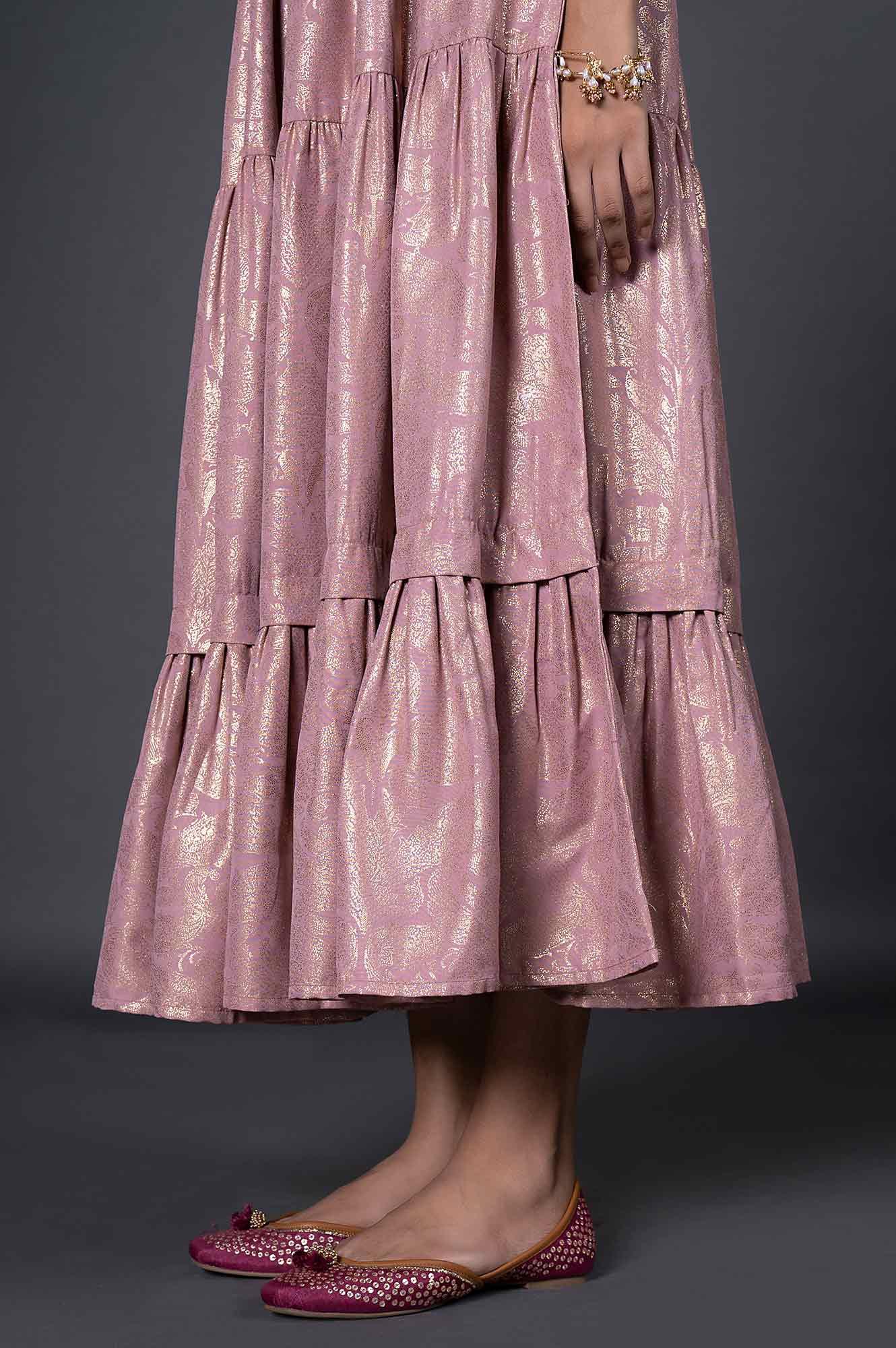Light Purple Gold Printed Mock Angrakha Dress - Image 8