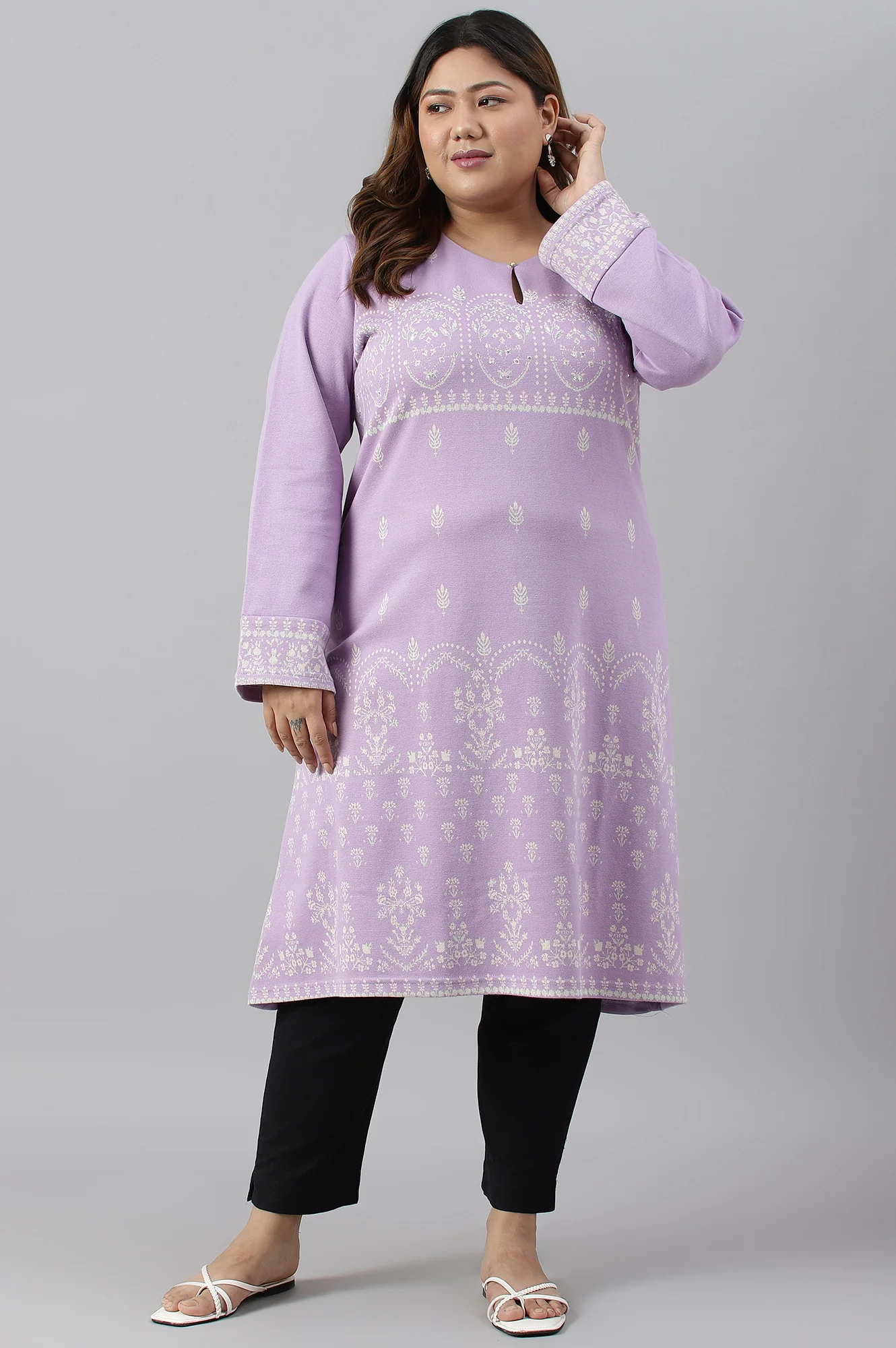 Light Purple Jacquard A-Line Plus Size Winter kurta - Image 6