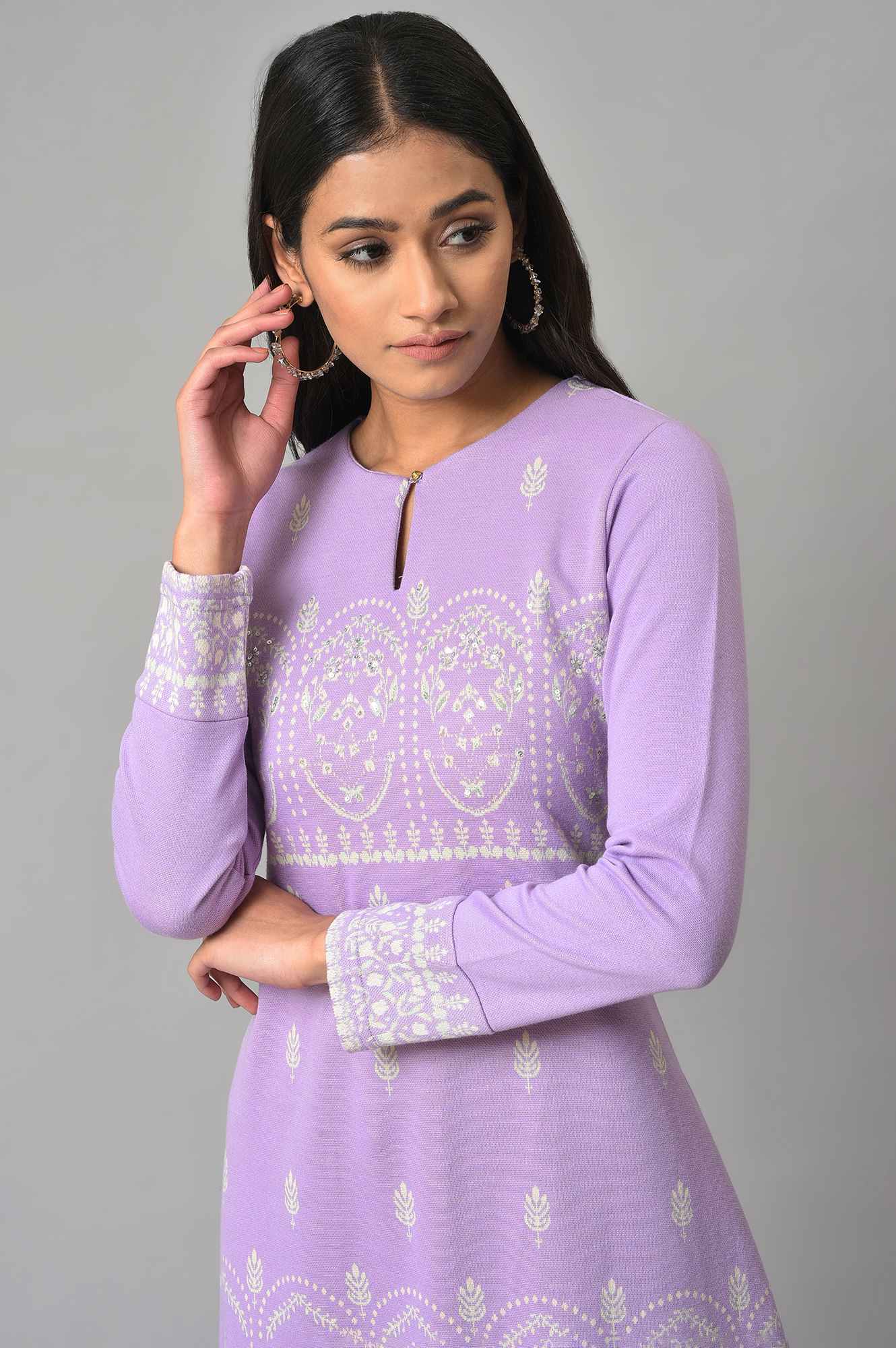 Light Purple Jacquard A-Line Winter kurta - Image 5