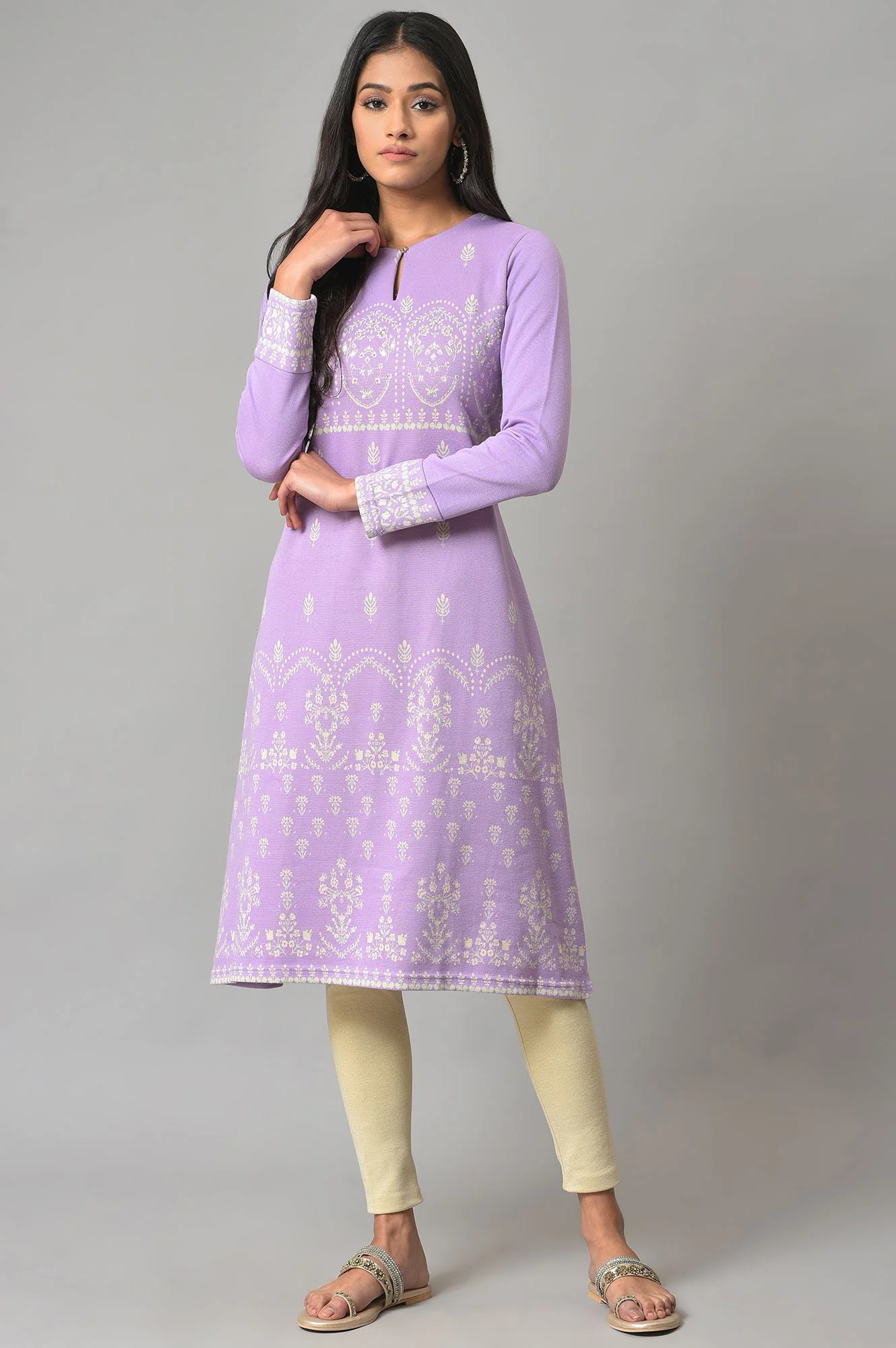 Light Purple Jacquard A-Line Winter kurta - Image 6