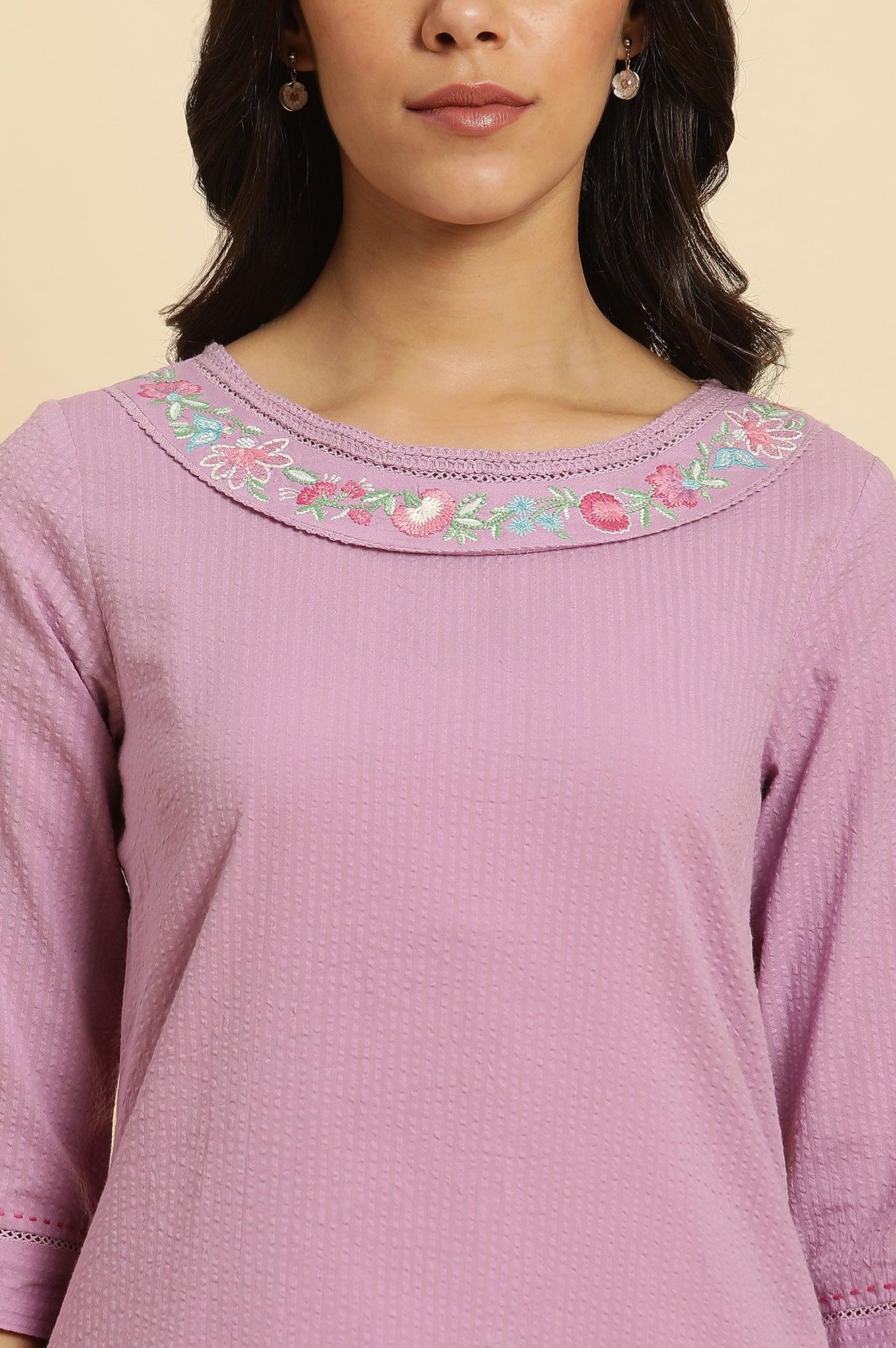 Light Purple Textured Cotton Embroidered Kurta - Image 6