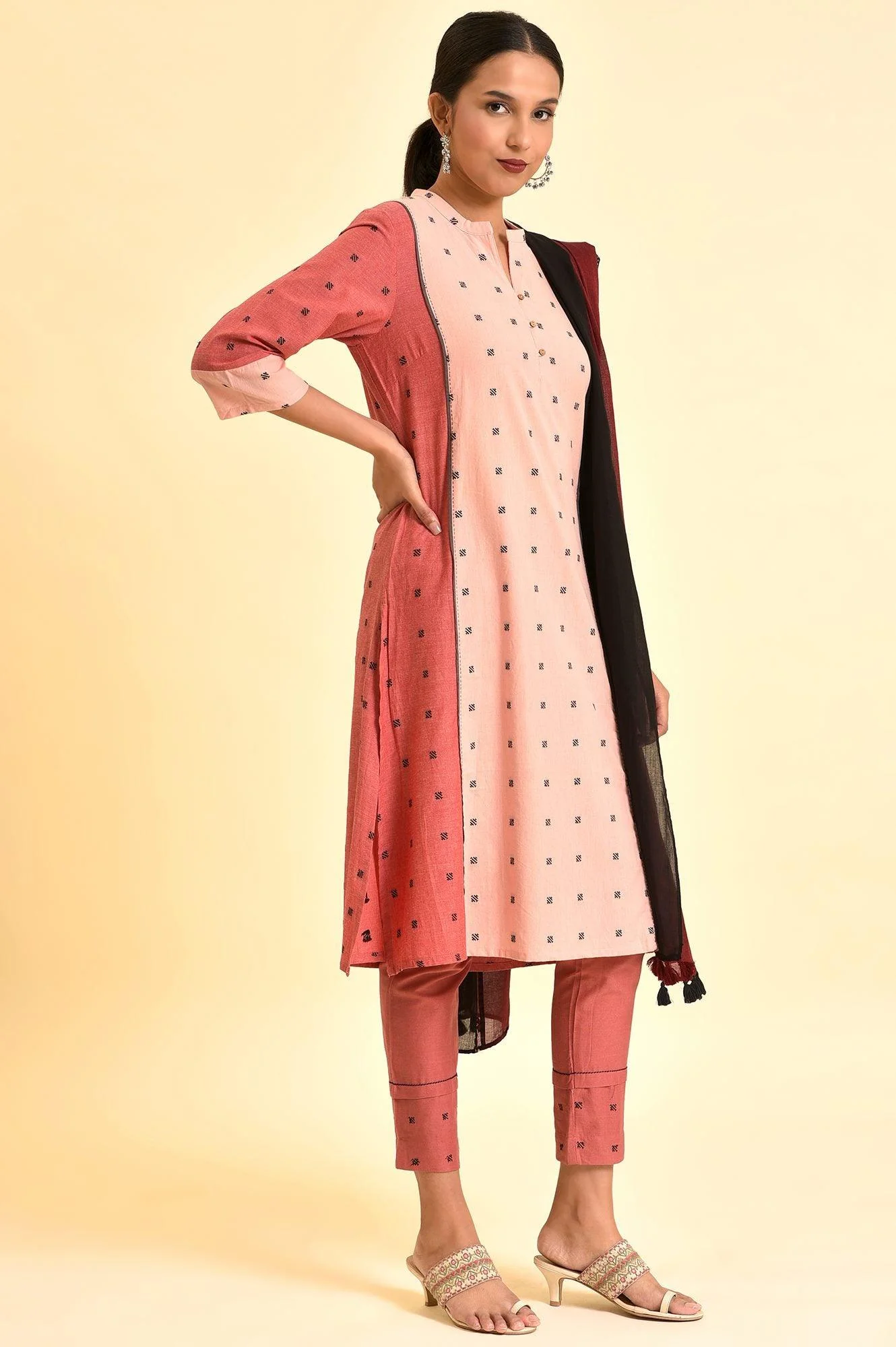 Light Red Chawal Taka Kurta, Pants And Dupatta - Image 5