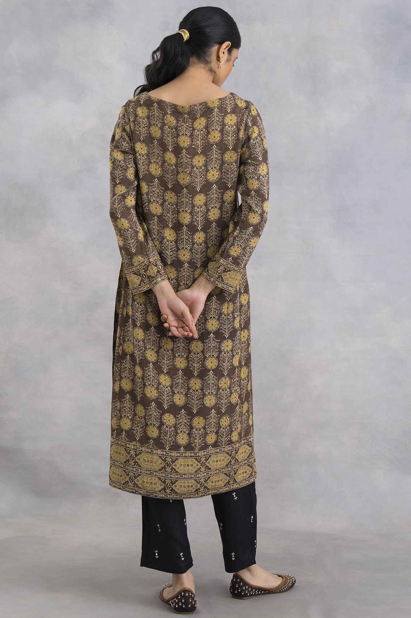 Light Taupe Ajrakh Print Satin kurta - Image 2