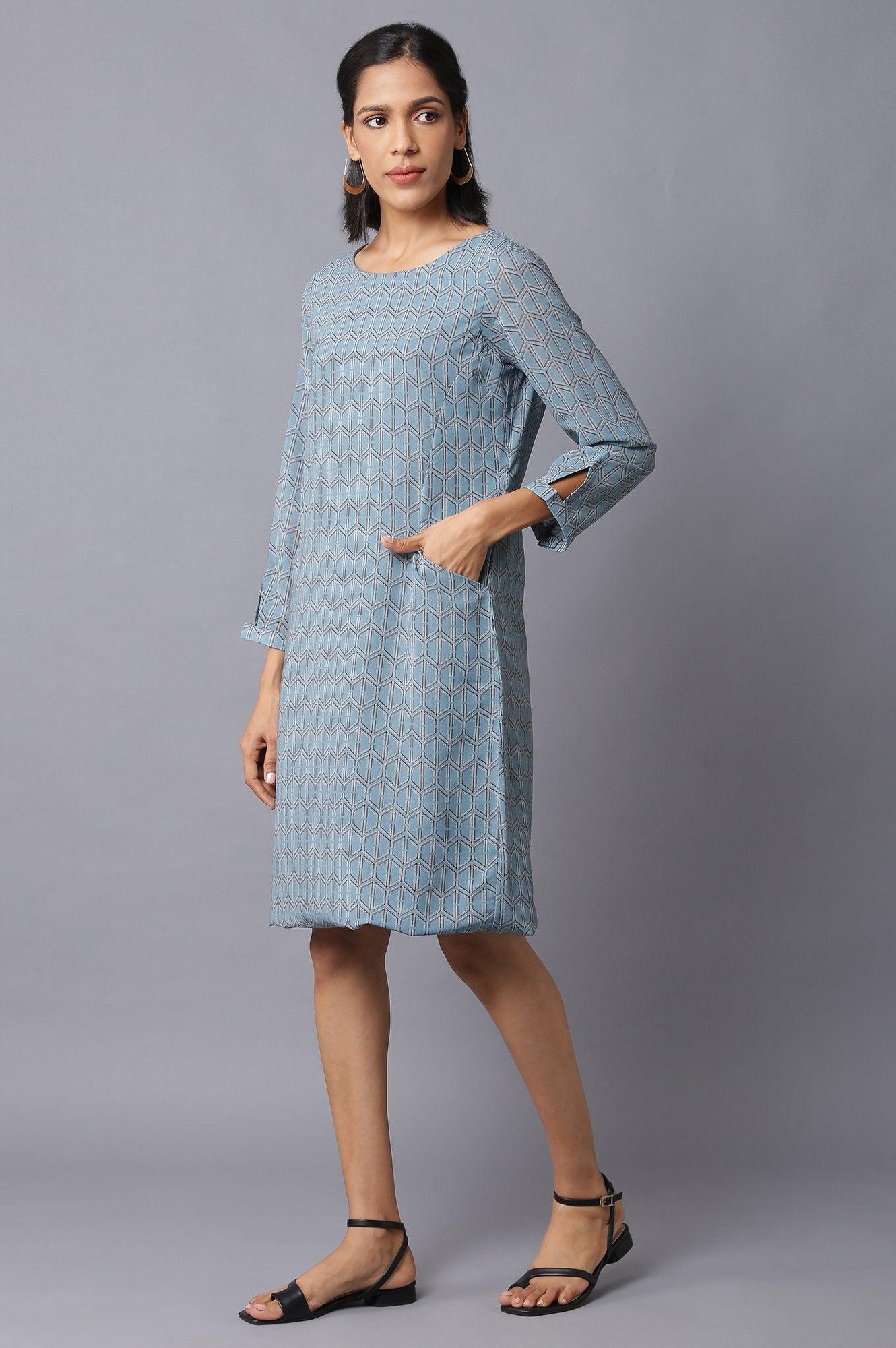 Light Teal Georgette Printed Dress With Cut Out Sleeves - Image 3